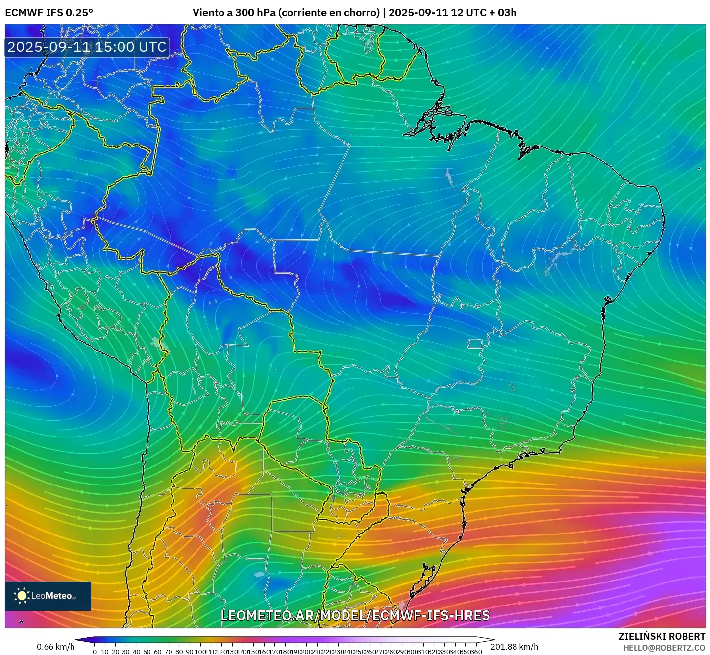 ECMWF IFS 0.25° model - Brasil, Viento a 300 hPa (corriente en chorro) ECMWF IFS 0.25° model - Brasil, Viento a 300 hPa (corriente en chorro)