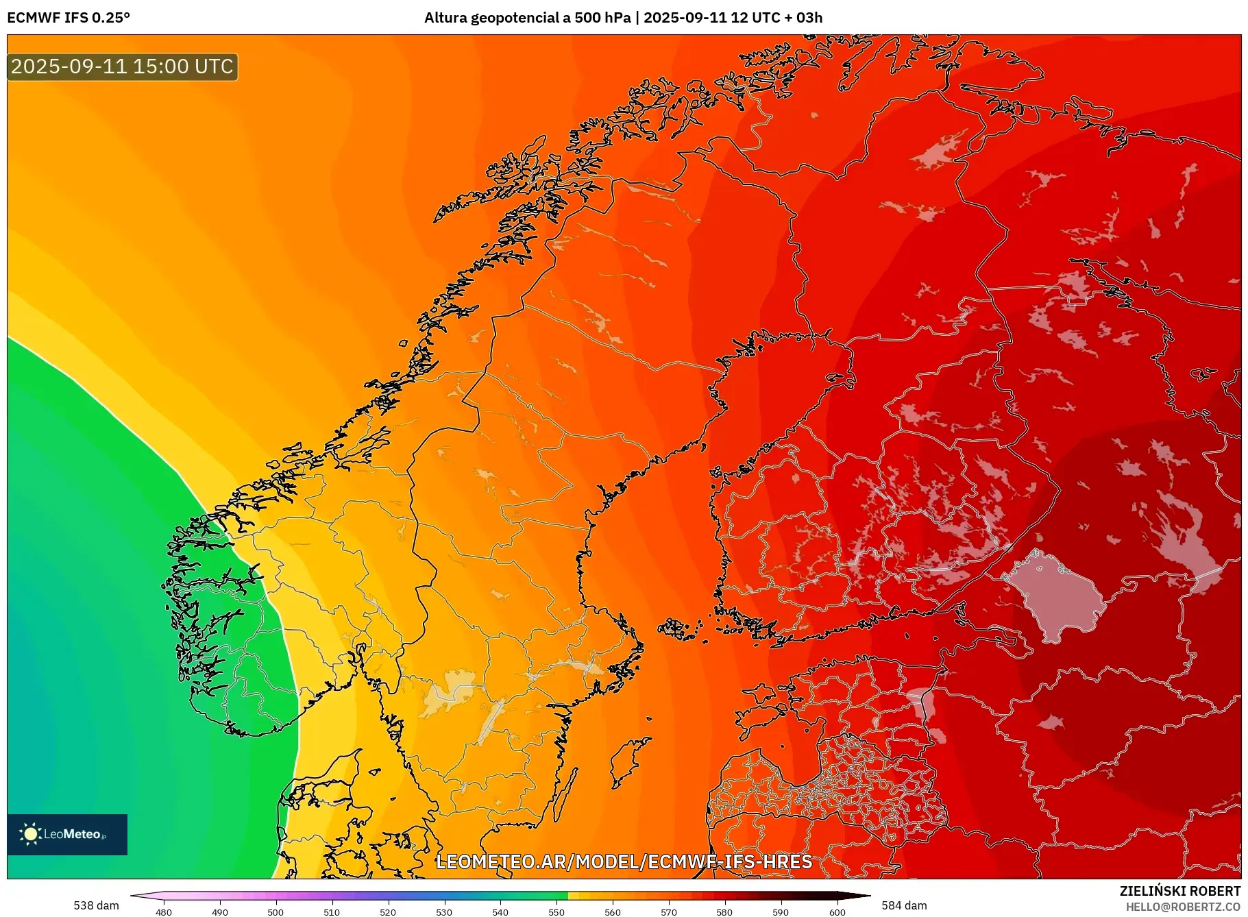 ECMWF IFS 0.25° model - Escandinavia, Altura geopotencial a 500 hPa