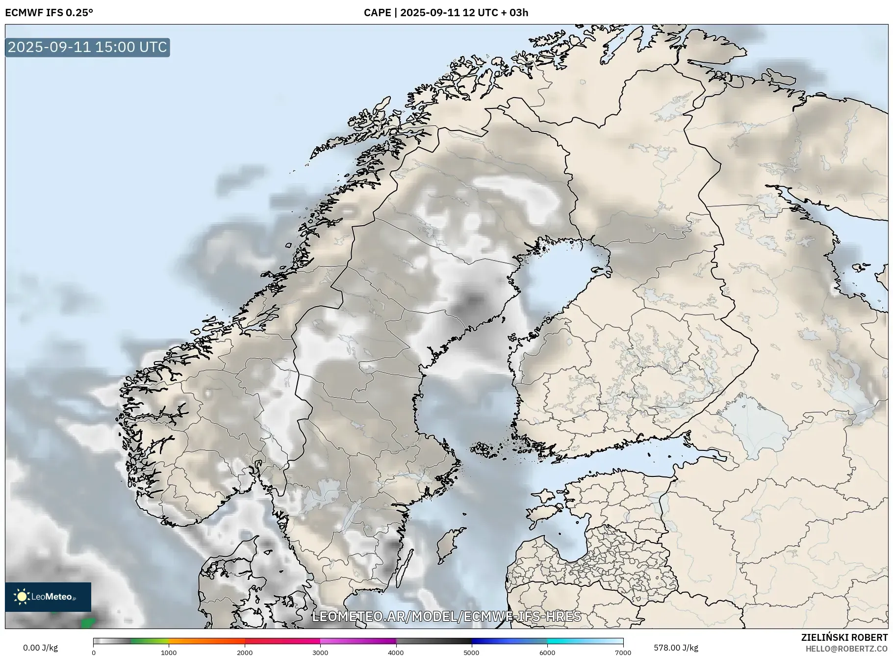 ECMWF IFS 0.25° model - Escandinavia, CAPE
