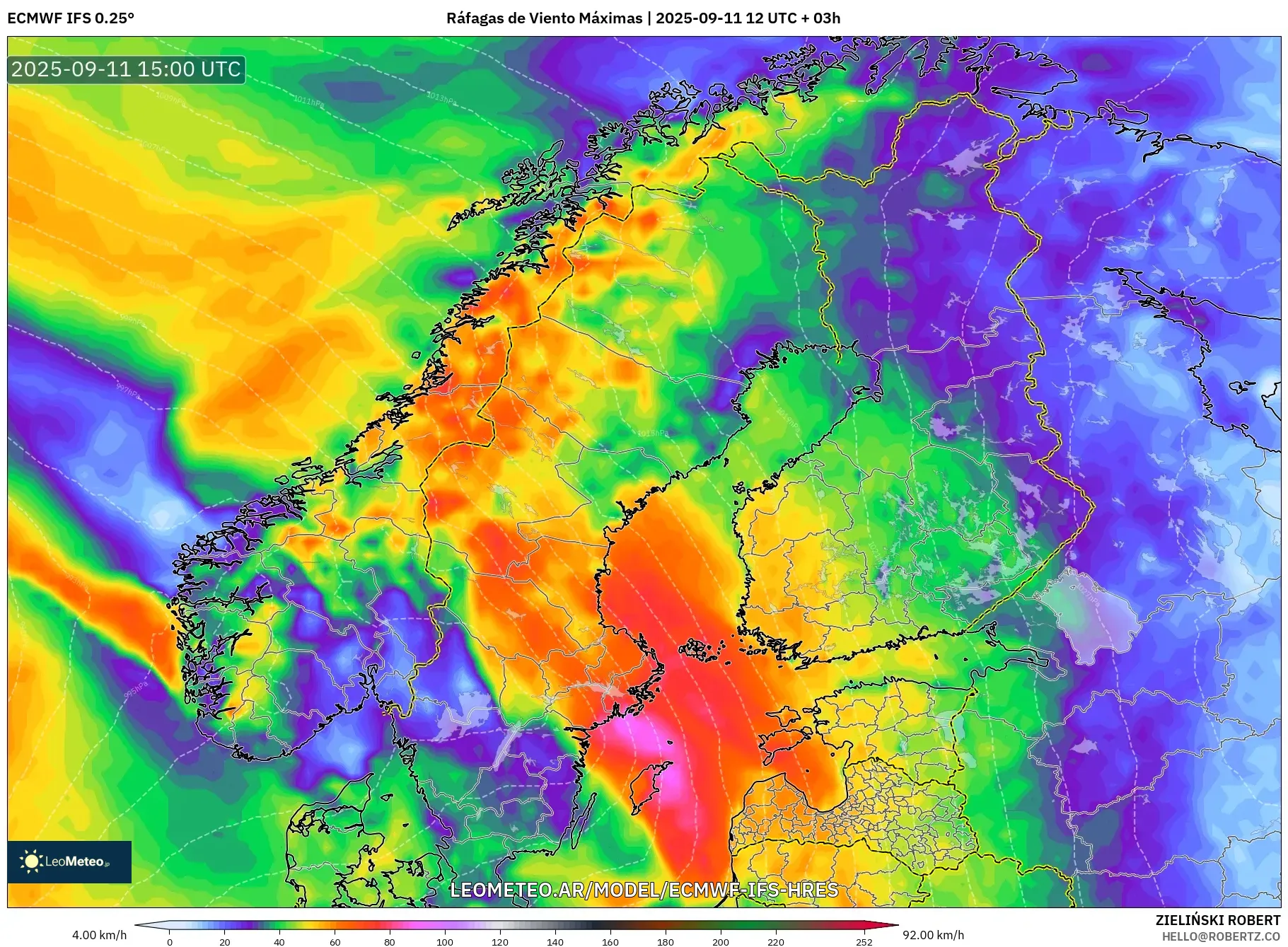 ECMWF IFS 0.25° model - Escandinavia, Ráfagas de Viento Máximas ECMWF IFS 0.25° model - Escandinavia, Ráfagas de Viento Máximas