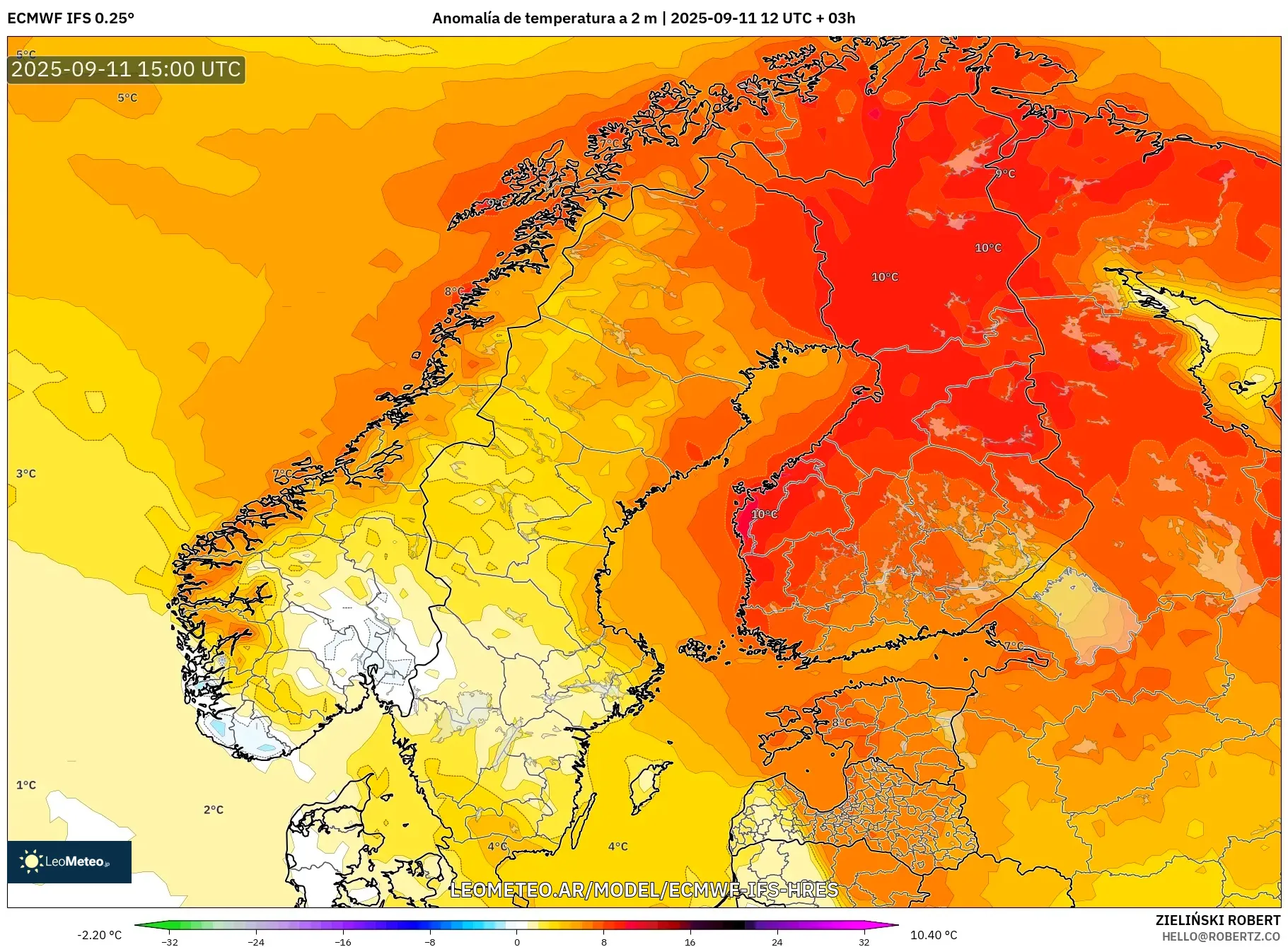 ECMWF IFS 0.25° model - Escandinavia, Anomalía de temperatura a 2 m ECMWF IFS 0.25° model - Escandinavia, Anomalía de temperatura a 2 m
