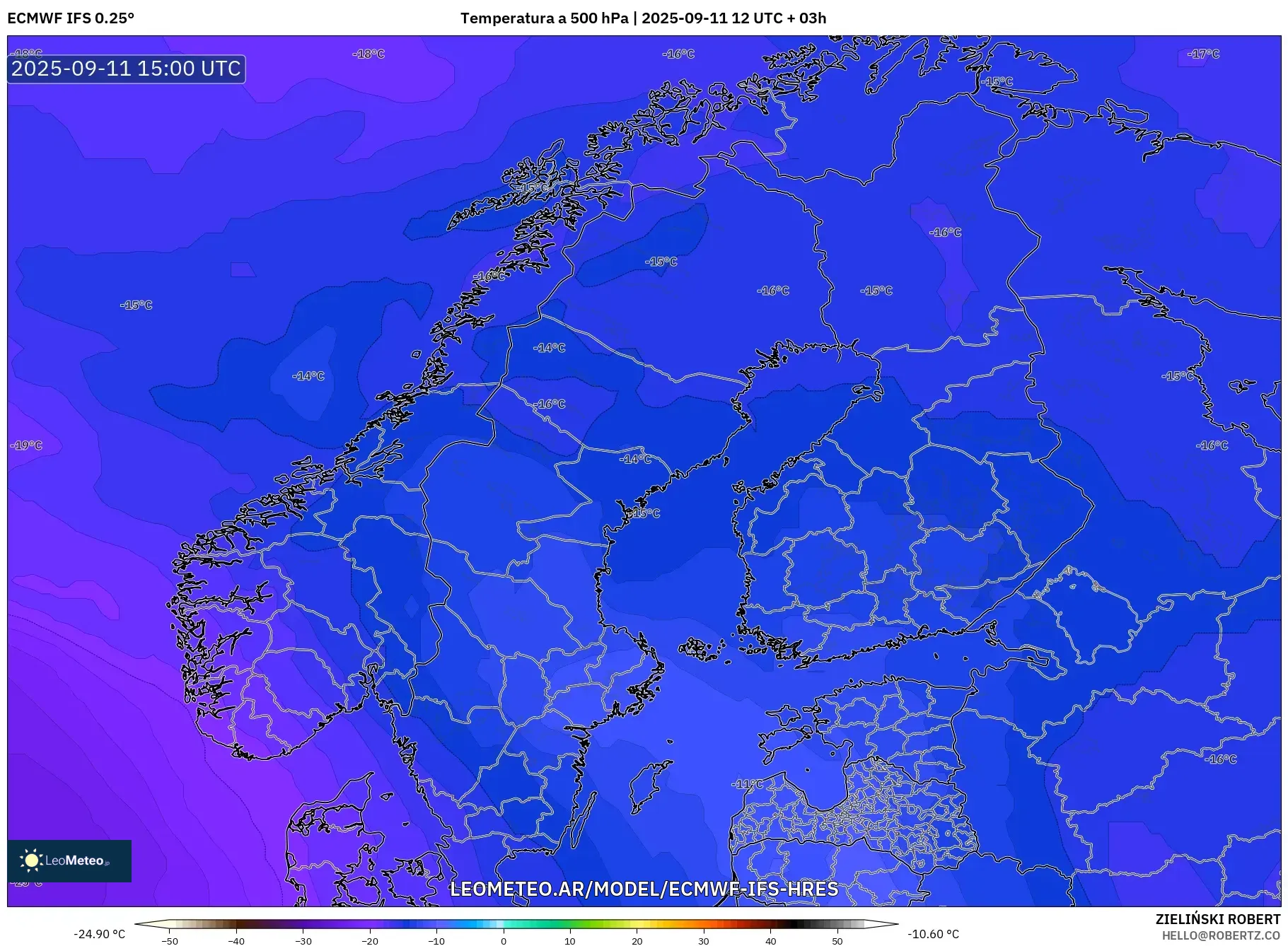ECMWF IFS 0.25° model - Escandinavia, Temperatura a 500 hPa