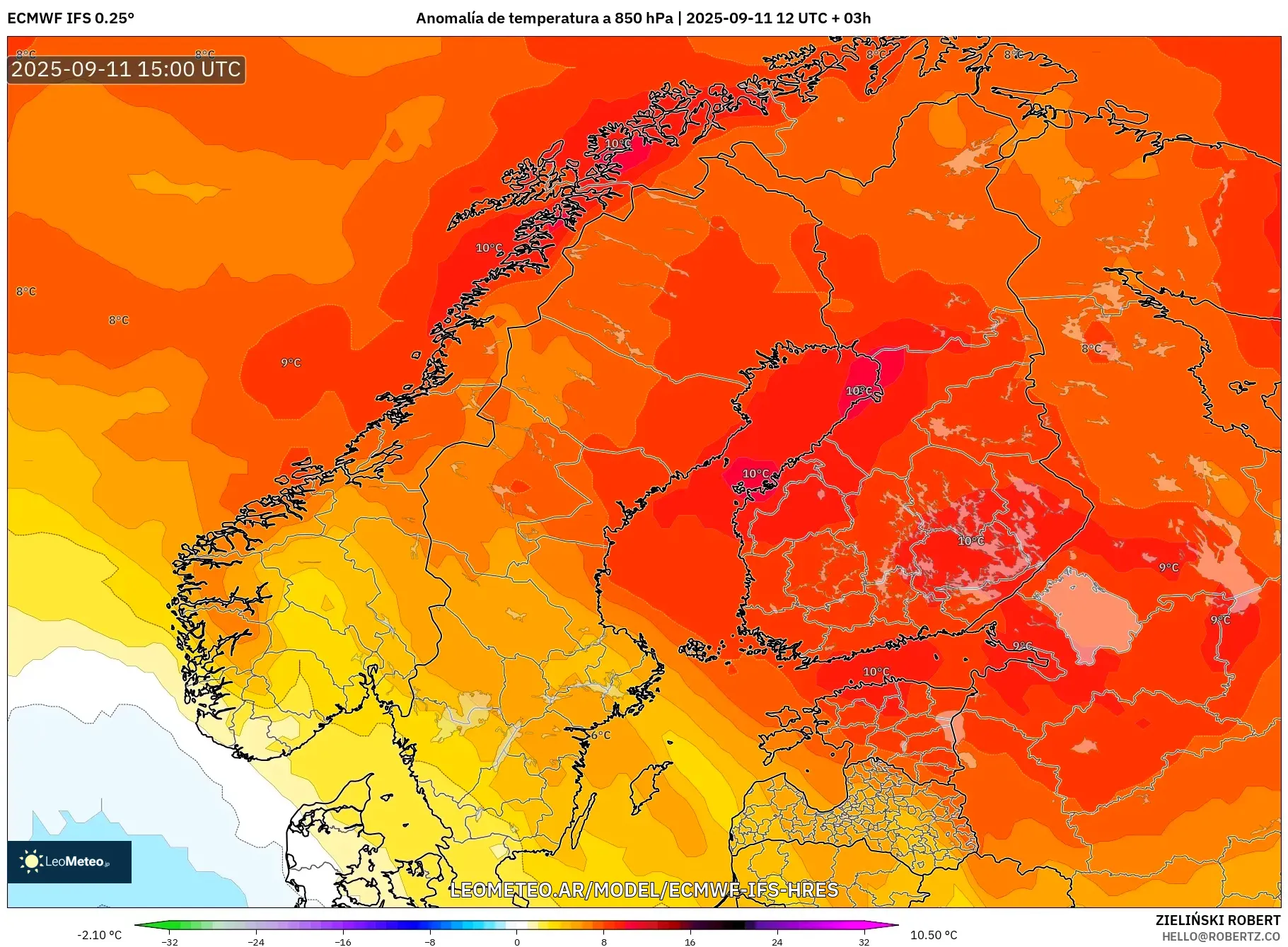 ECMWF IFS 0.25° model - Escandinavia, Anomalía de temperatura a 850 hPa