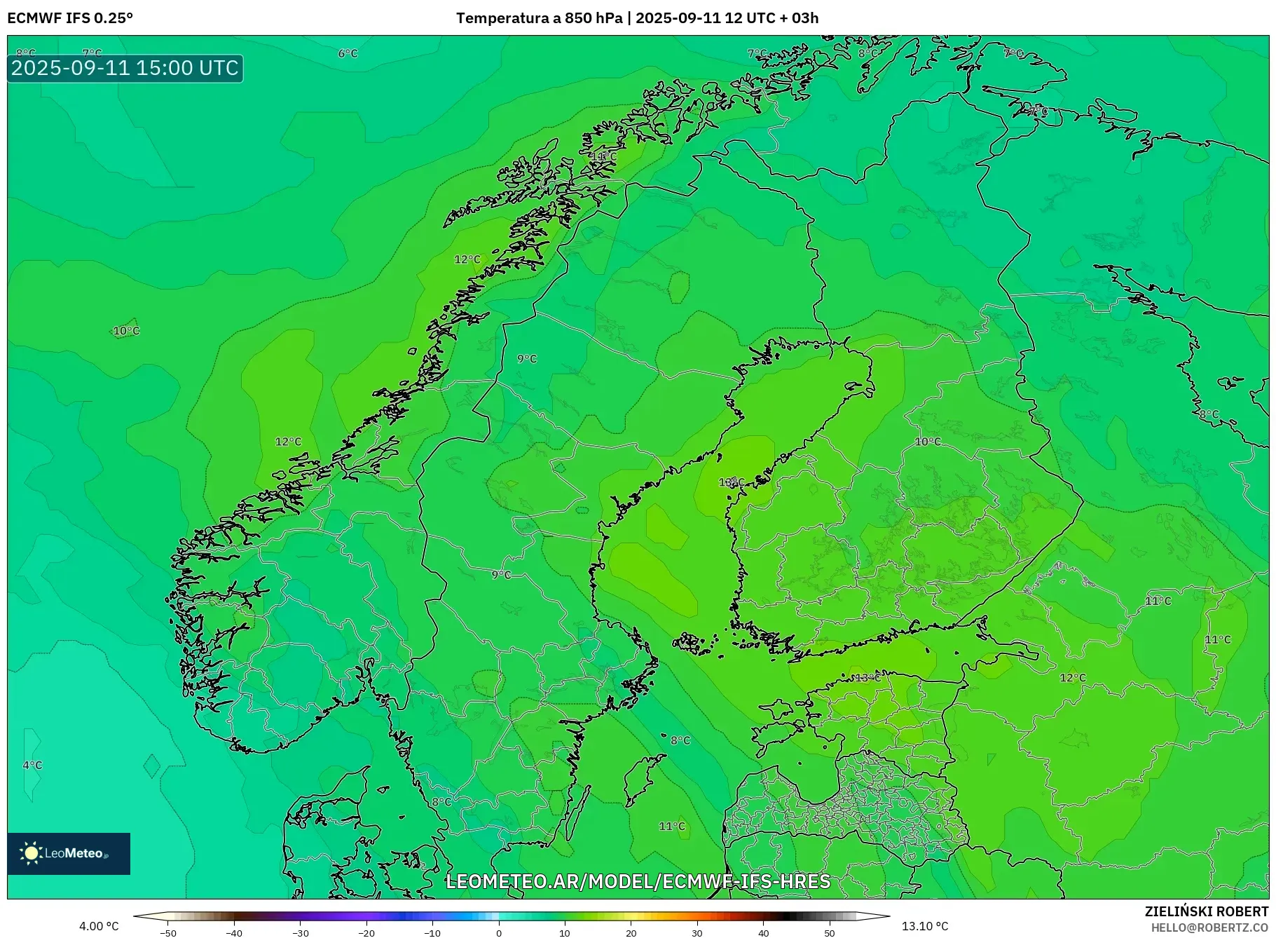ECMWF IFS 0.25° model - Escandinavia, Temperatura a 850 hPa