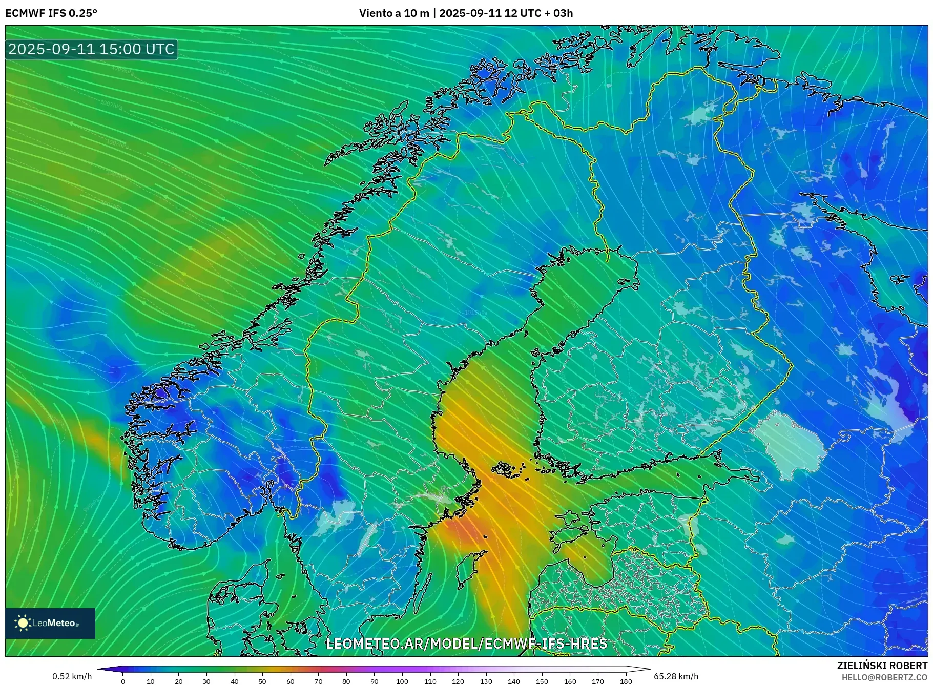 ECMWF IFS 0.25° model - Escandinavia, Viento a 10 m