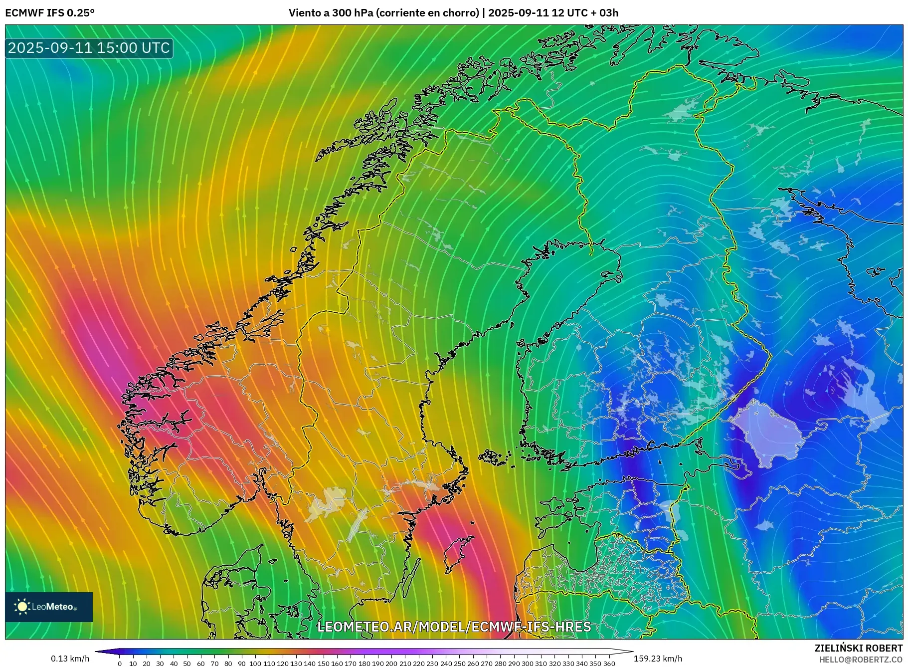 ECMWF IFS 0.25° model - Escandinavia, Viento a 300 hPa (corriente en chorro)
