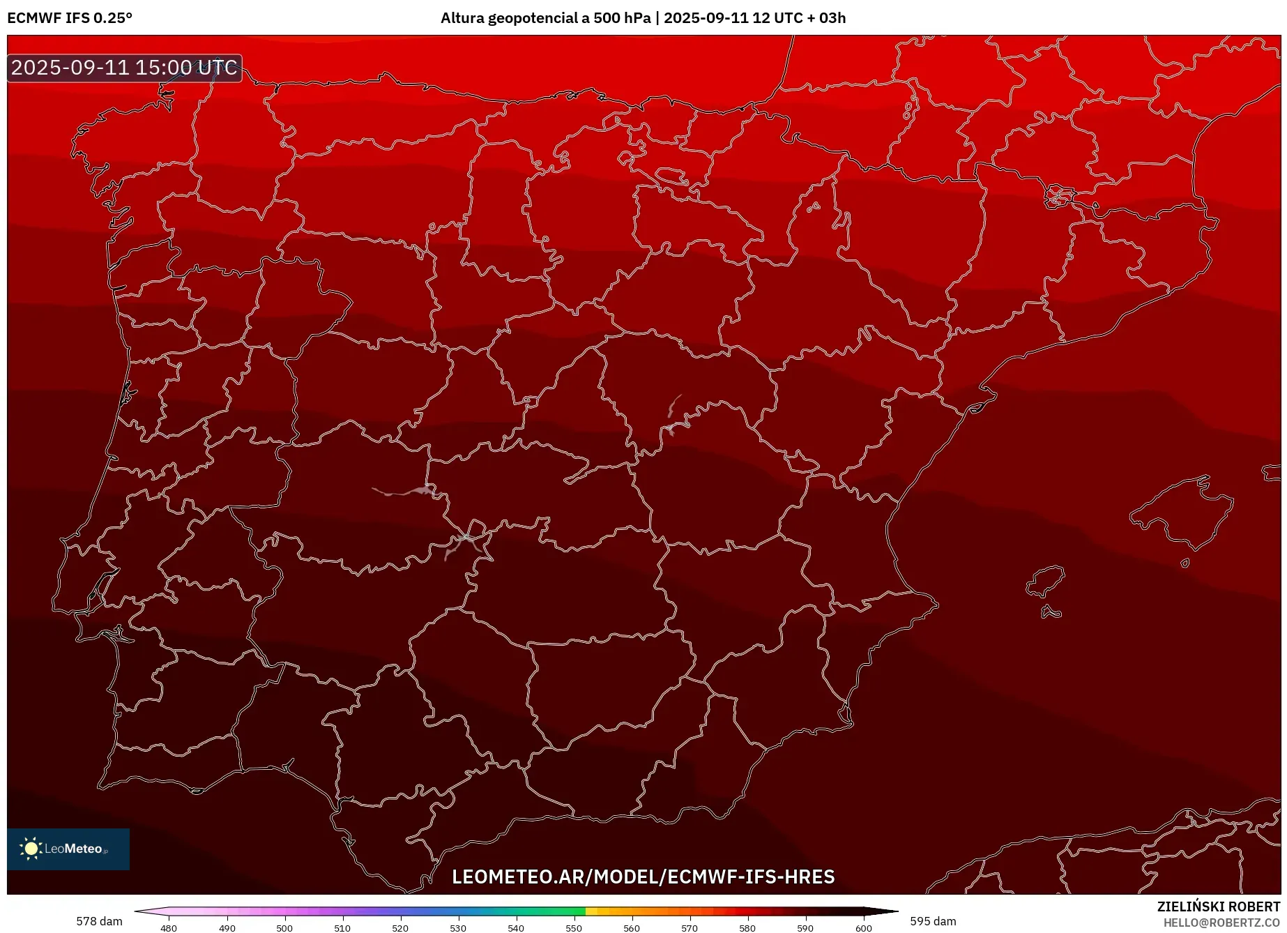 ECMWF IFS 0.25° model - España, Altura geopotencial a 500 hPa