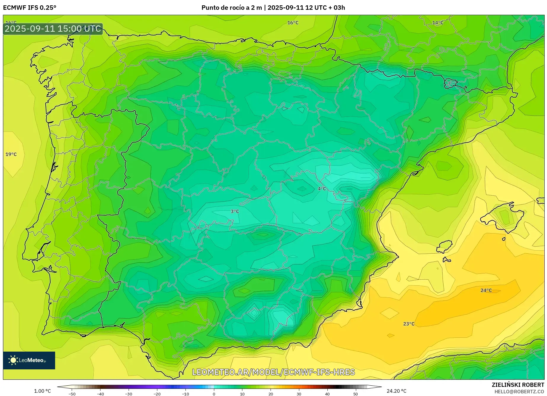 ECMWF IFS 0.25° model - España, Punto de rocío a 2 m ECMWF IFS 0.25° model - España, Punto de rocío a 2 m