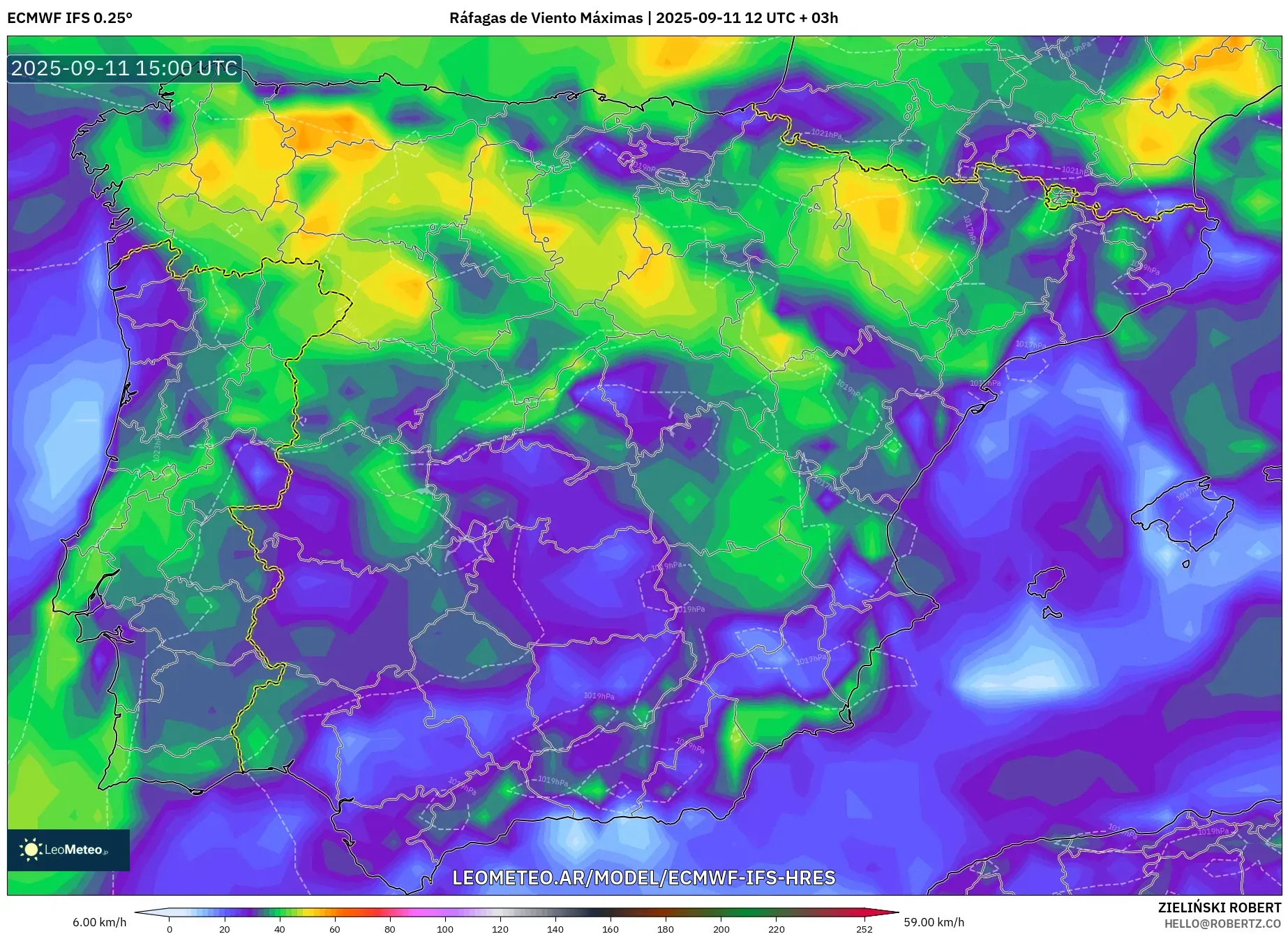 ECMWF IFS 0.25° model - España, Ráfagas de Viento Máximas ECMWF IFS 0.25° model - España, Ráfagas de Viento Máximas