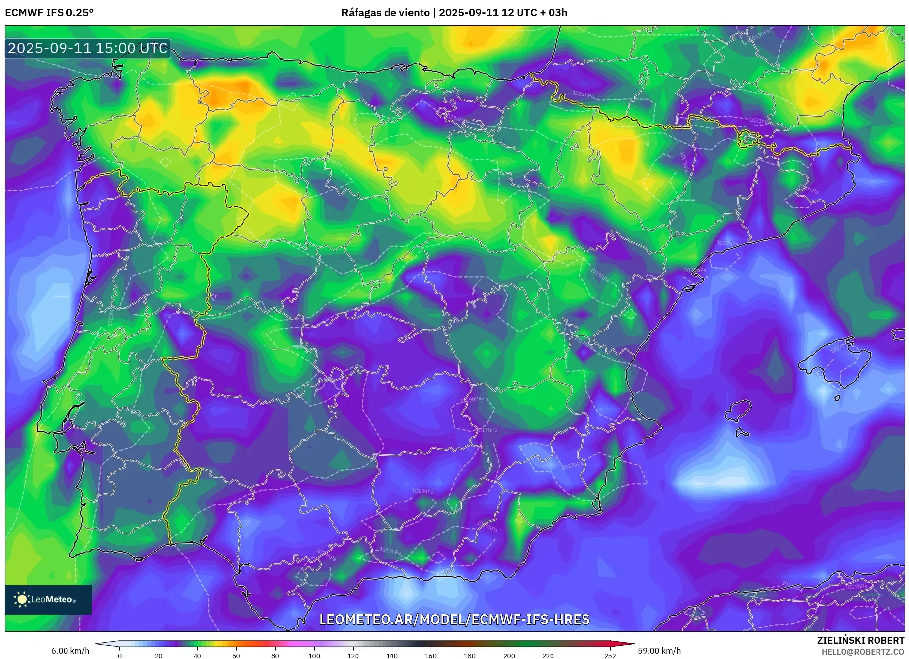 ECMWF IFS 0.25° model - España, Ráfagas de viento ECMWF IFS 0.25° model - España, Ráfagas de viento