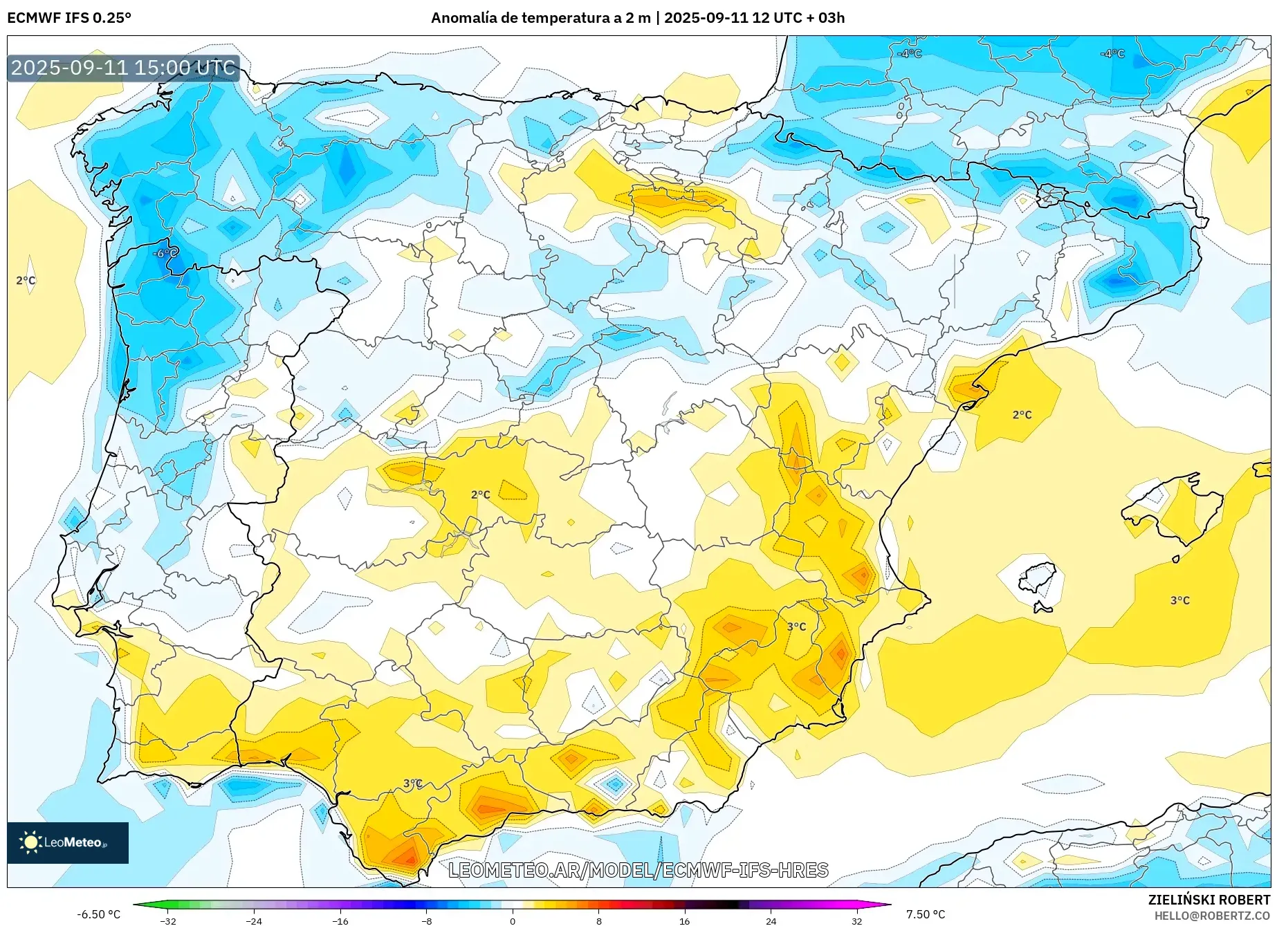 ECMWF IFS 0.25° model - España, Anomalía de temperatura a 2 m