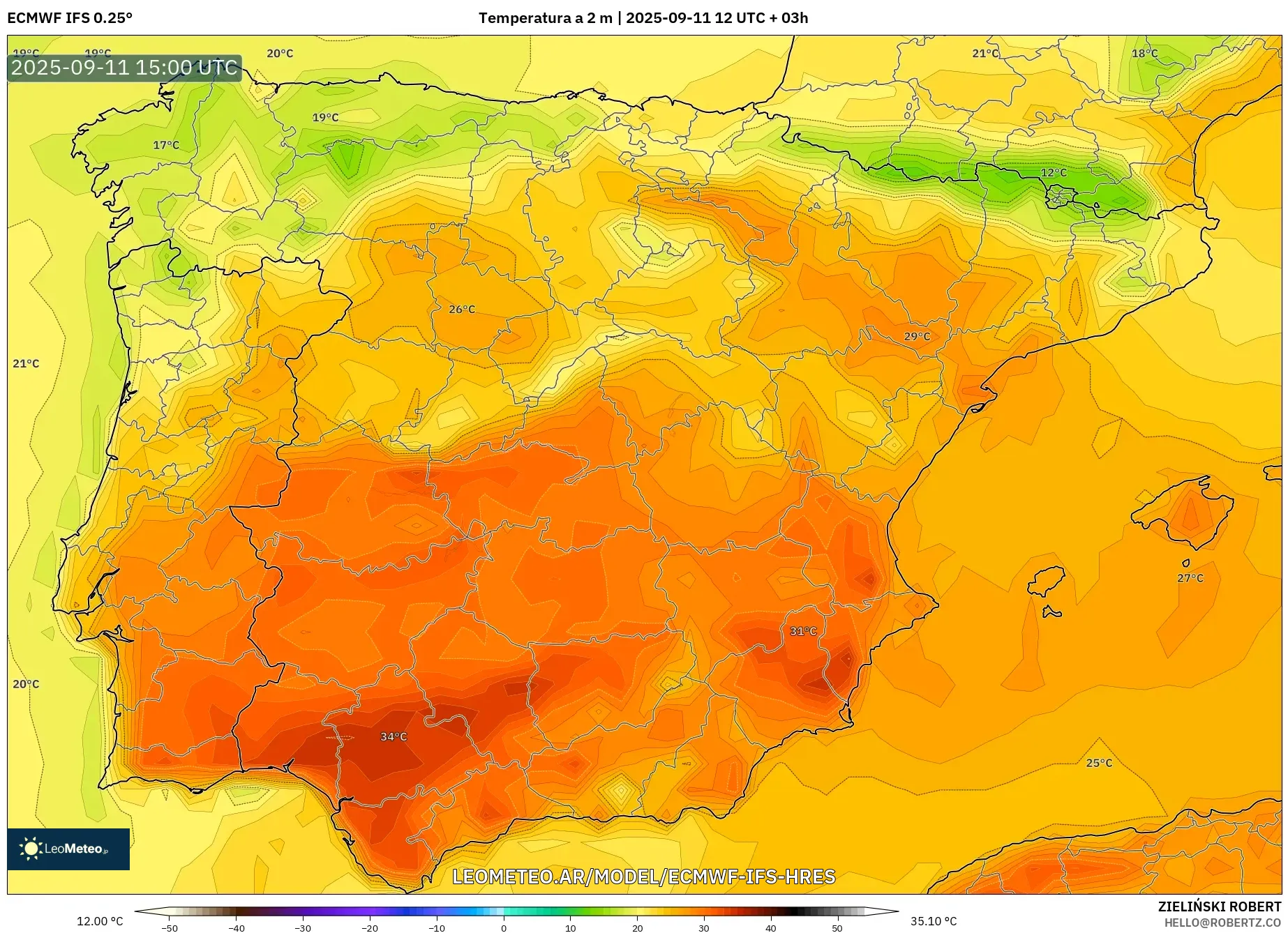 ECMWF IFS 0.25° model - España, Temperatura a 2 m ECMWF IFS 0.25° model - España, Temperatura a 2 m