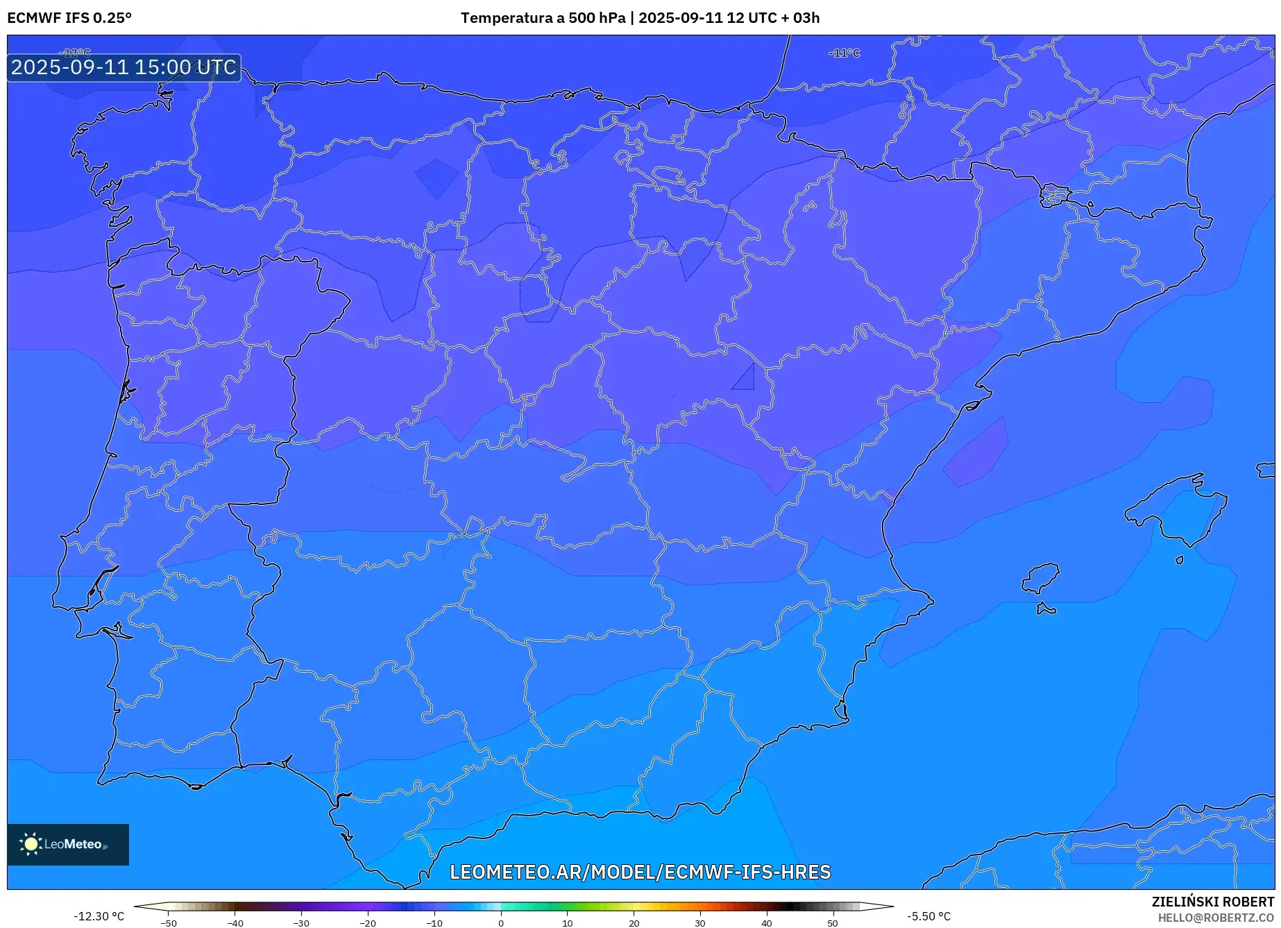 ECMWF IFS 0.25° model - España, Temperatura a 500 hPa