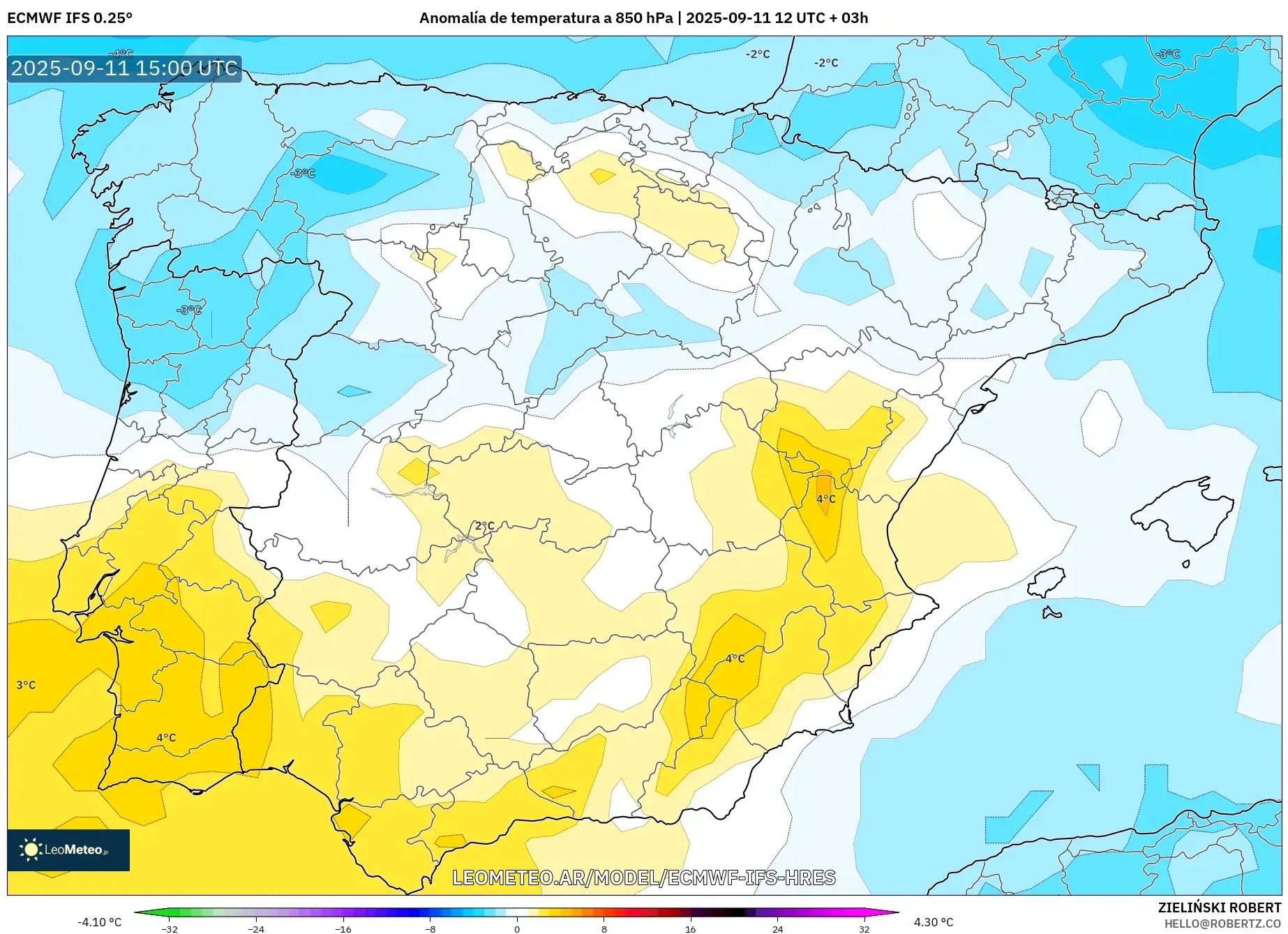 ECMWF IFS 0.25° model - España, Anomalía de temperatura a 850 hPa