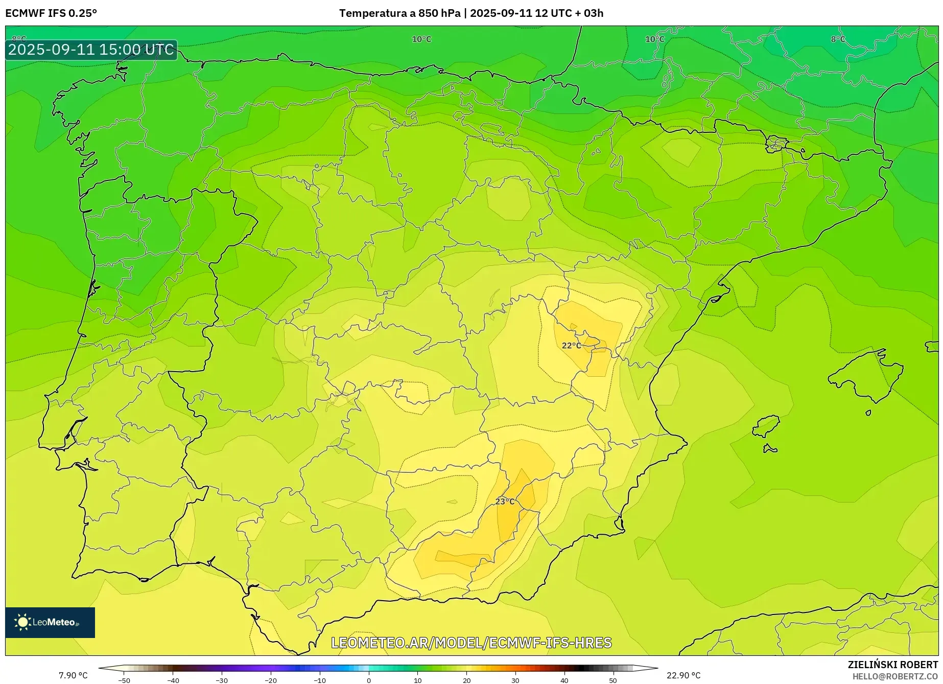 ECMWF IFS 0.25° model - España, Temperatura a 850 hPa
