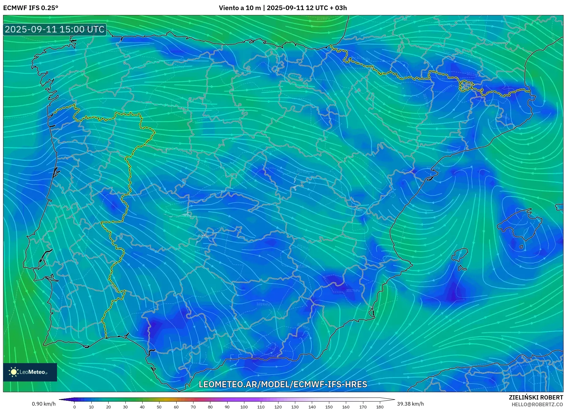 ECMWF IFS 0.25° model - España, Viento a 10 m