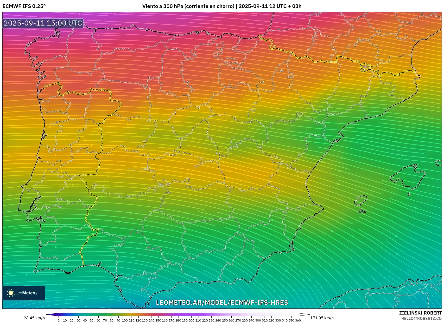 ECMWF IFS 0.25° model - España, Viento a 300 hPa (corriente en chorro)