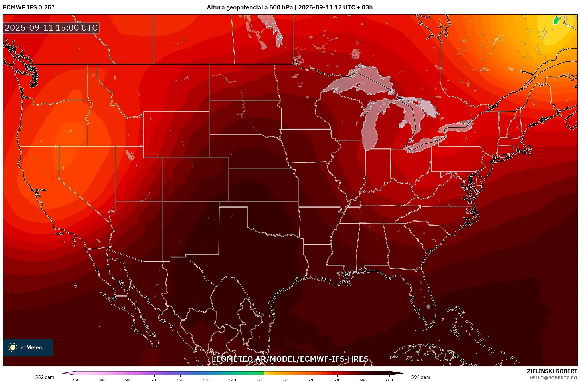 ECMWF IFS 0.25° model - Estados Unidos, Altura geopotencial a 500 hPa
