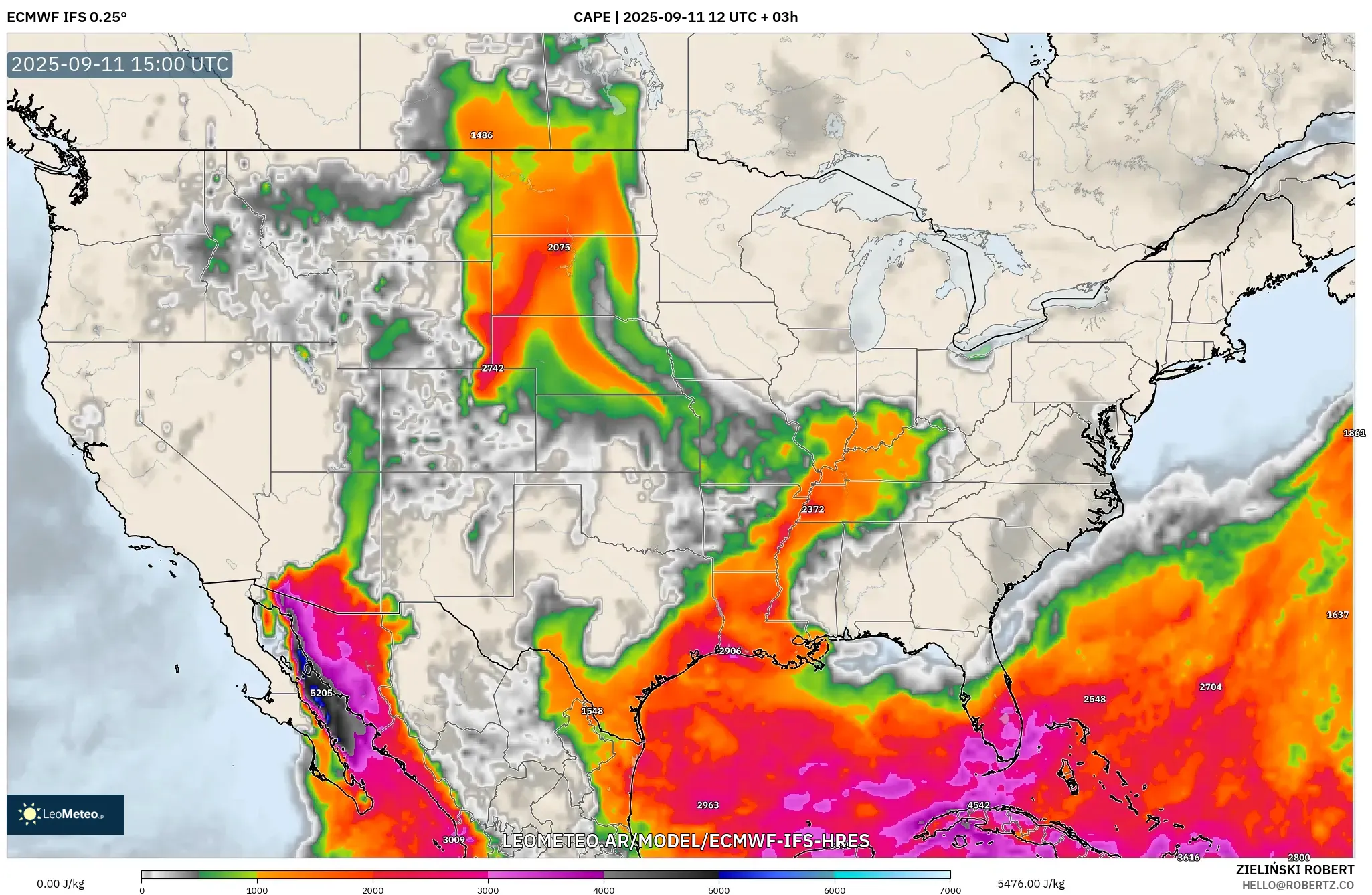 ECMWF IFS 0.25° model - Estados Unidos, CAPE
