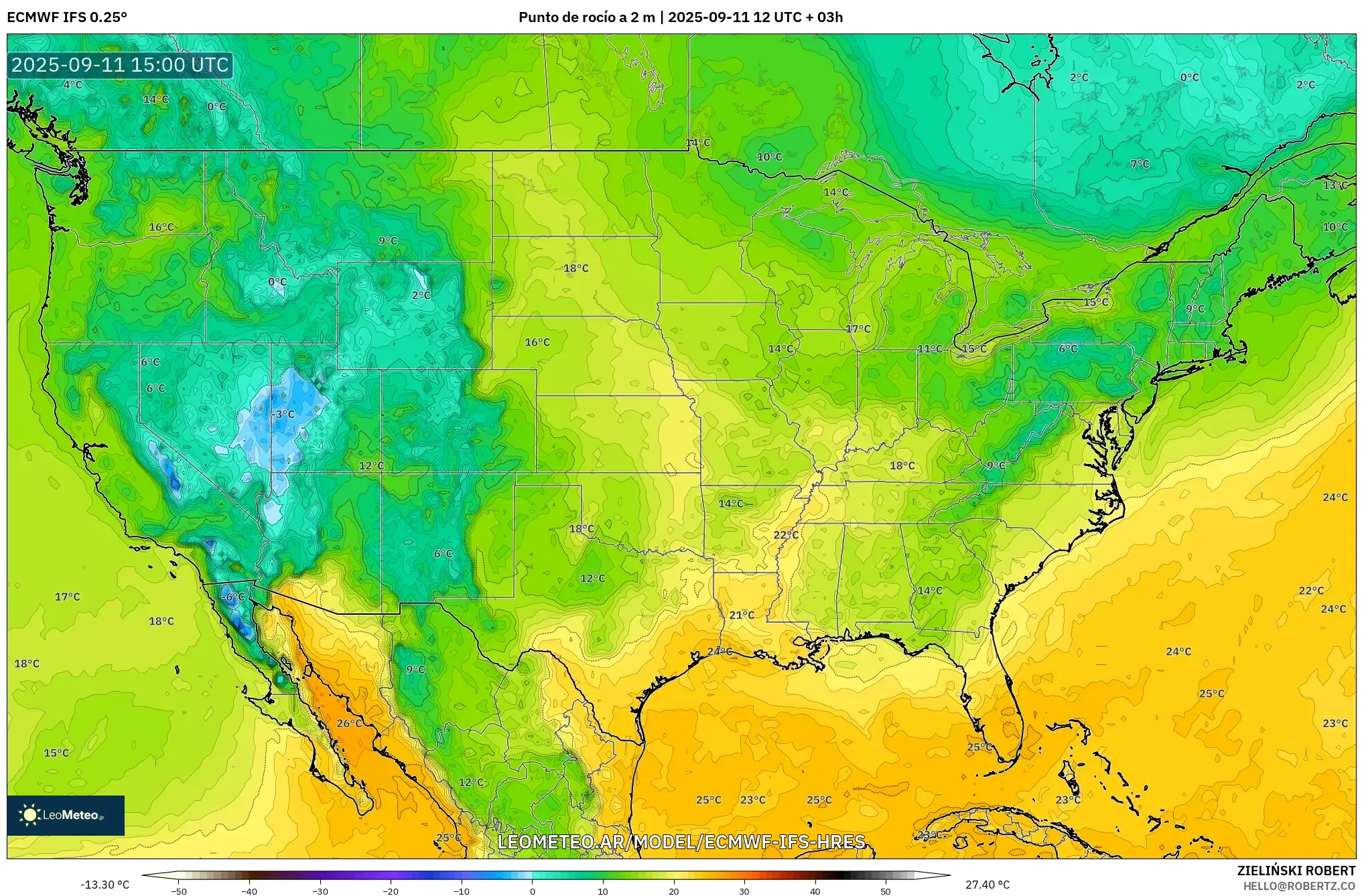 ECMWF IFS 0.25° model - Estados Unidos, Punto de rocío a 2 m ECMWF IFS 0.25° model - Estados Unidos, Punto de rocío a 2 m