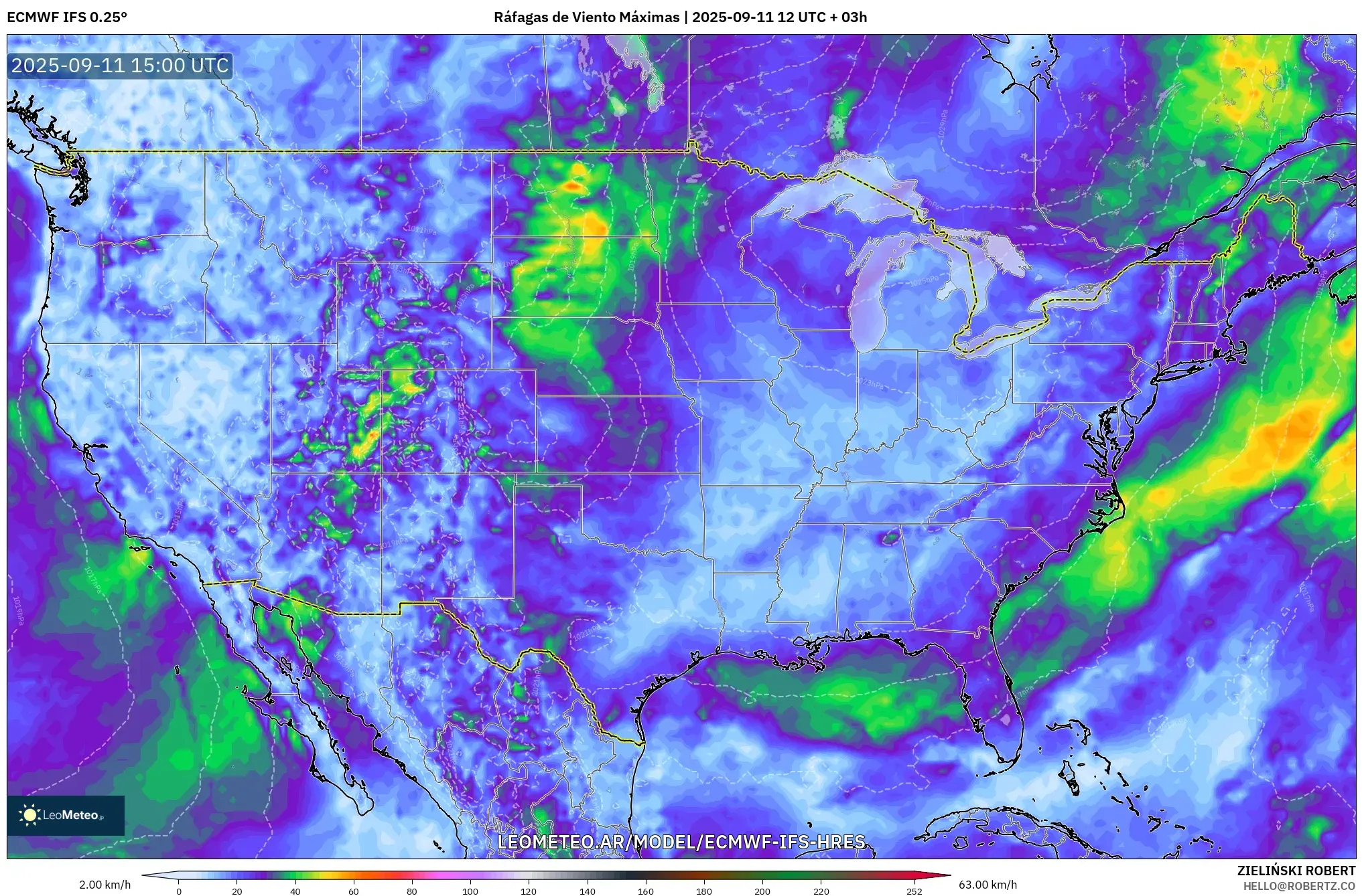 ECMWF IFS 0.25° model - Estados Unidos, Ráfagas de Viento Máximas