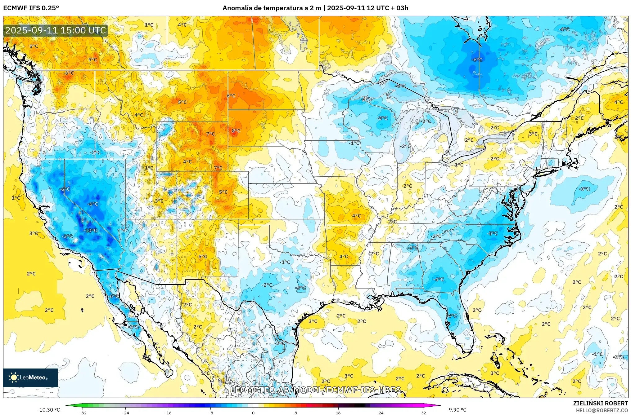 ECMWF IFS 0.25° model - Estados Unidos, Anomalía de temperatura a 2 m