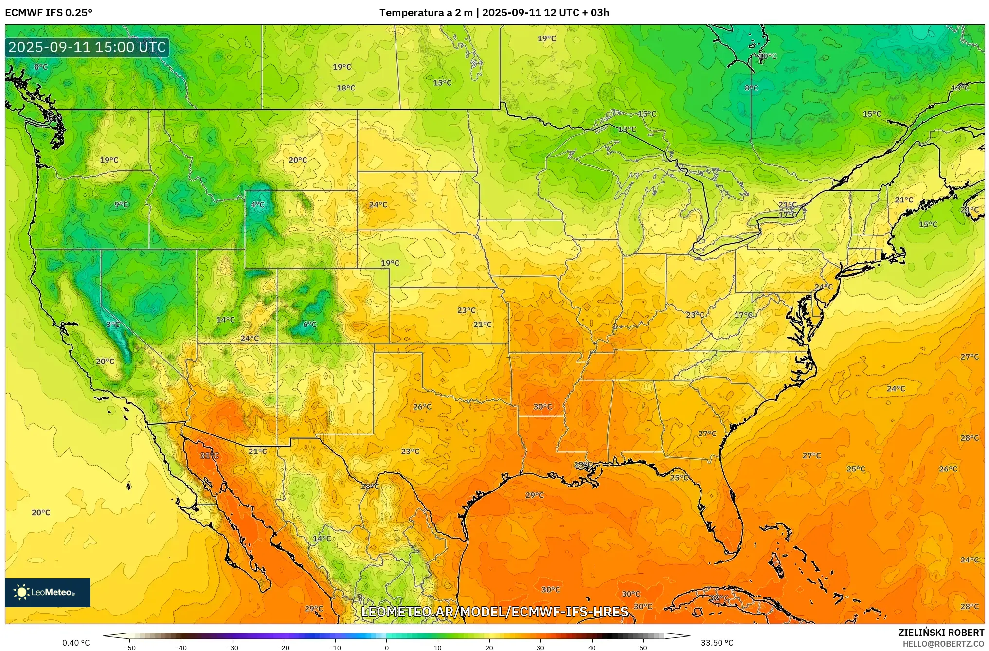 ECMWF IFS 0.25° model - Estados Unidos, Temperatura a 2 m