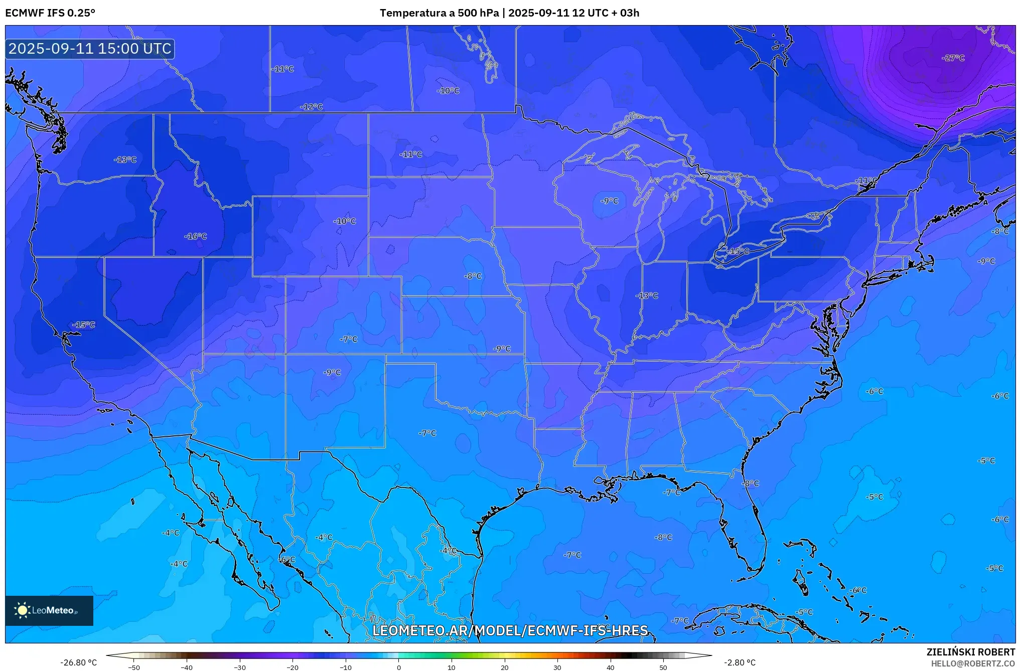 ECMWF IFS 0.25° model - Estados Unidos, Temperatura a 500 hPa