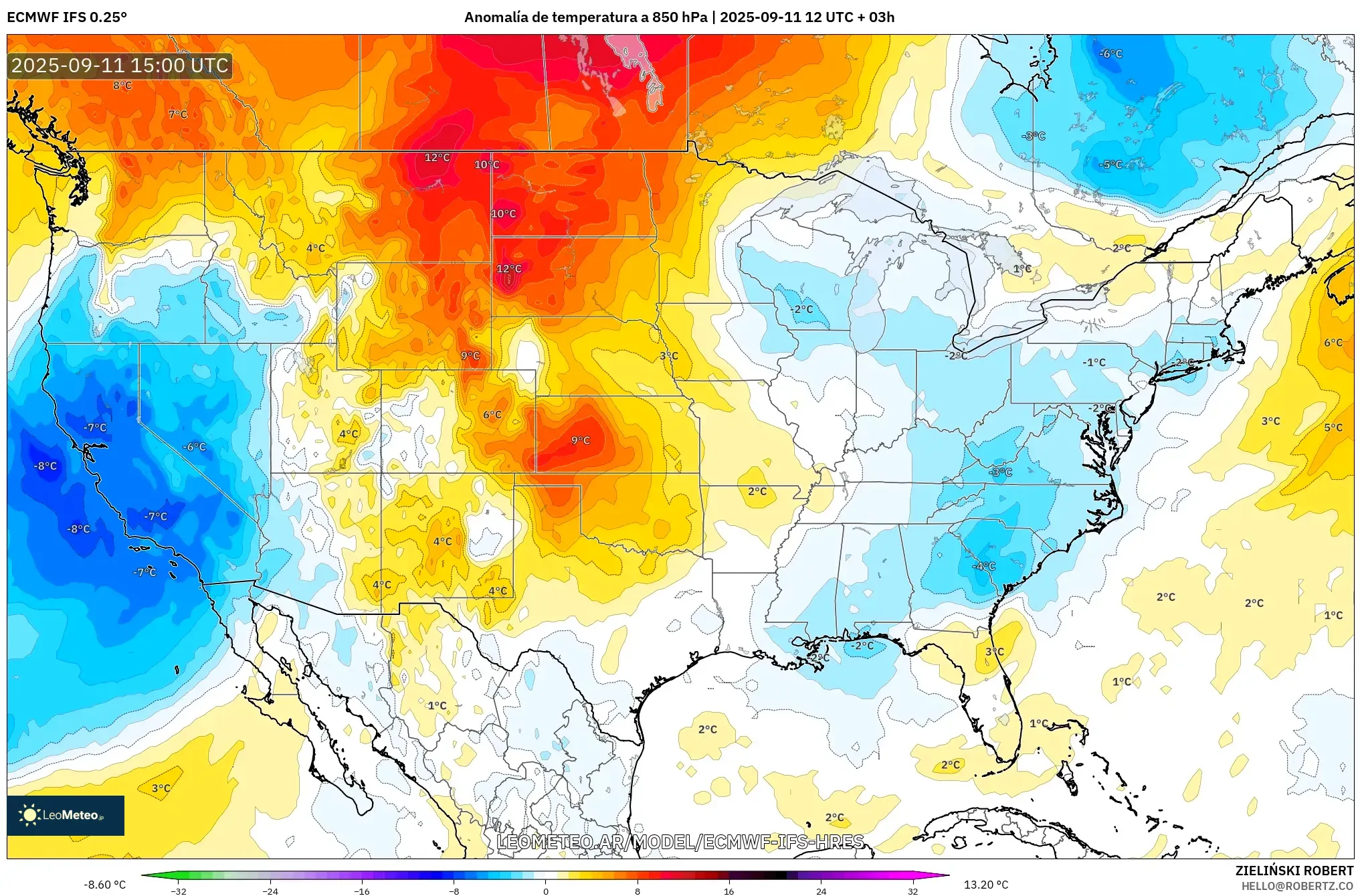 ECMWF IFS 0.25° model - Estados Unidos, Anomalía de temperatura a 850 hPa