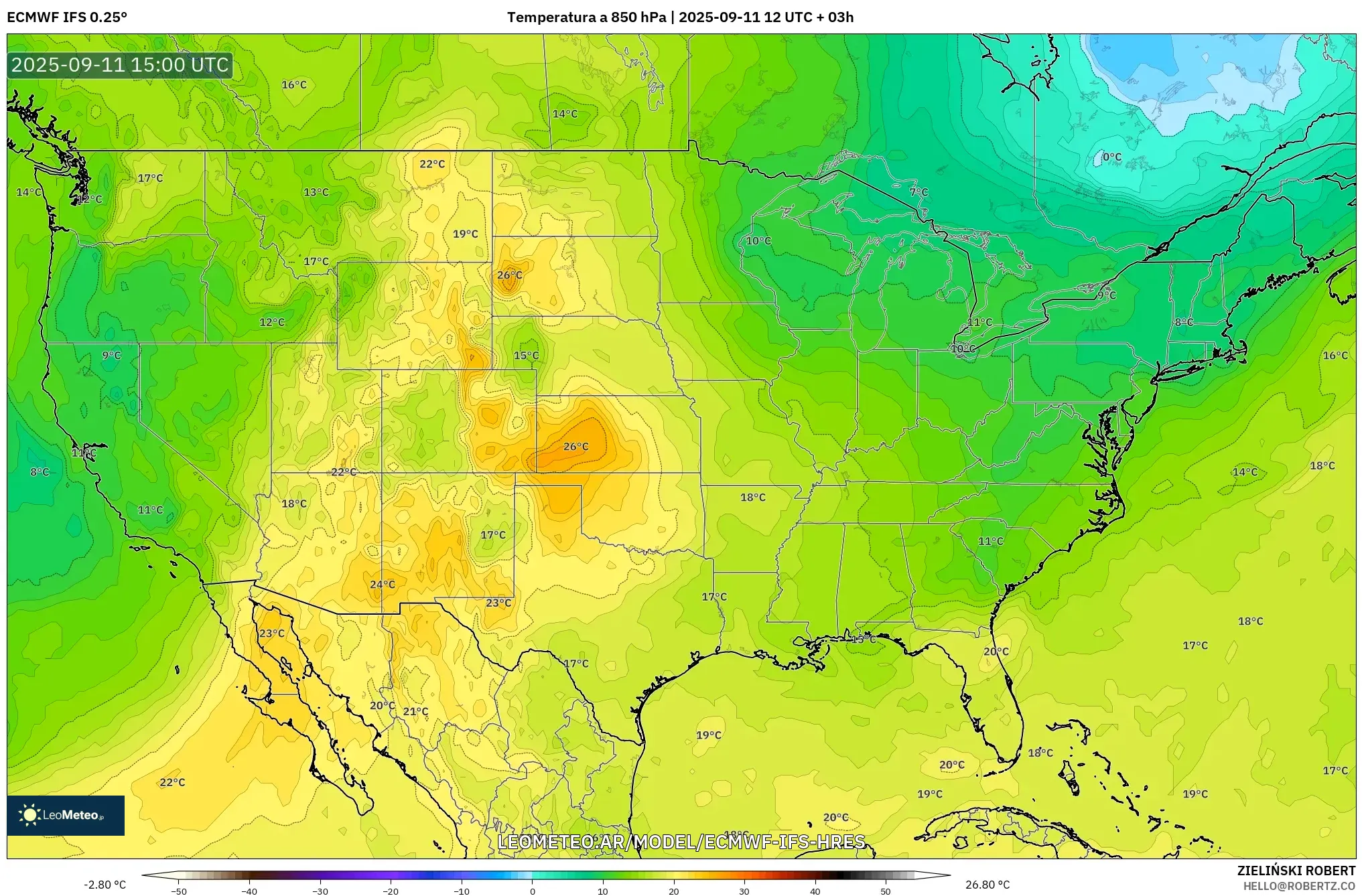 ECMWF IFS 0.25° model - Estados Unidos, Temperatura a 850 hPa