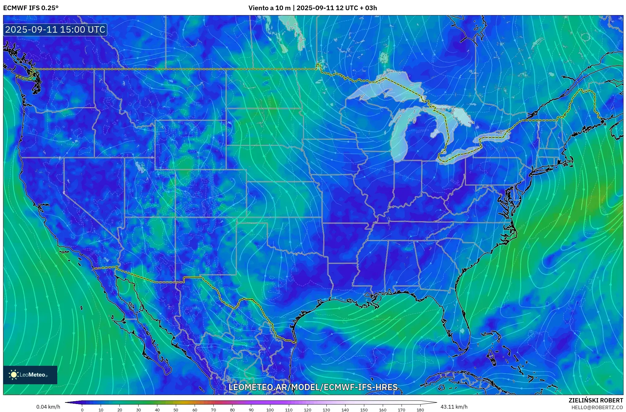 ECMWF IFS 0.25° model - Estados Unidos, Viento a 10 m