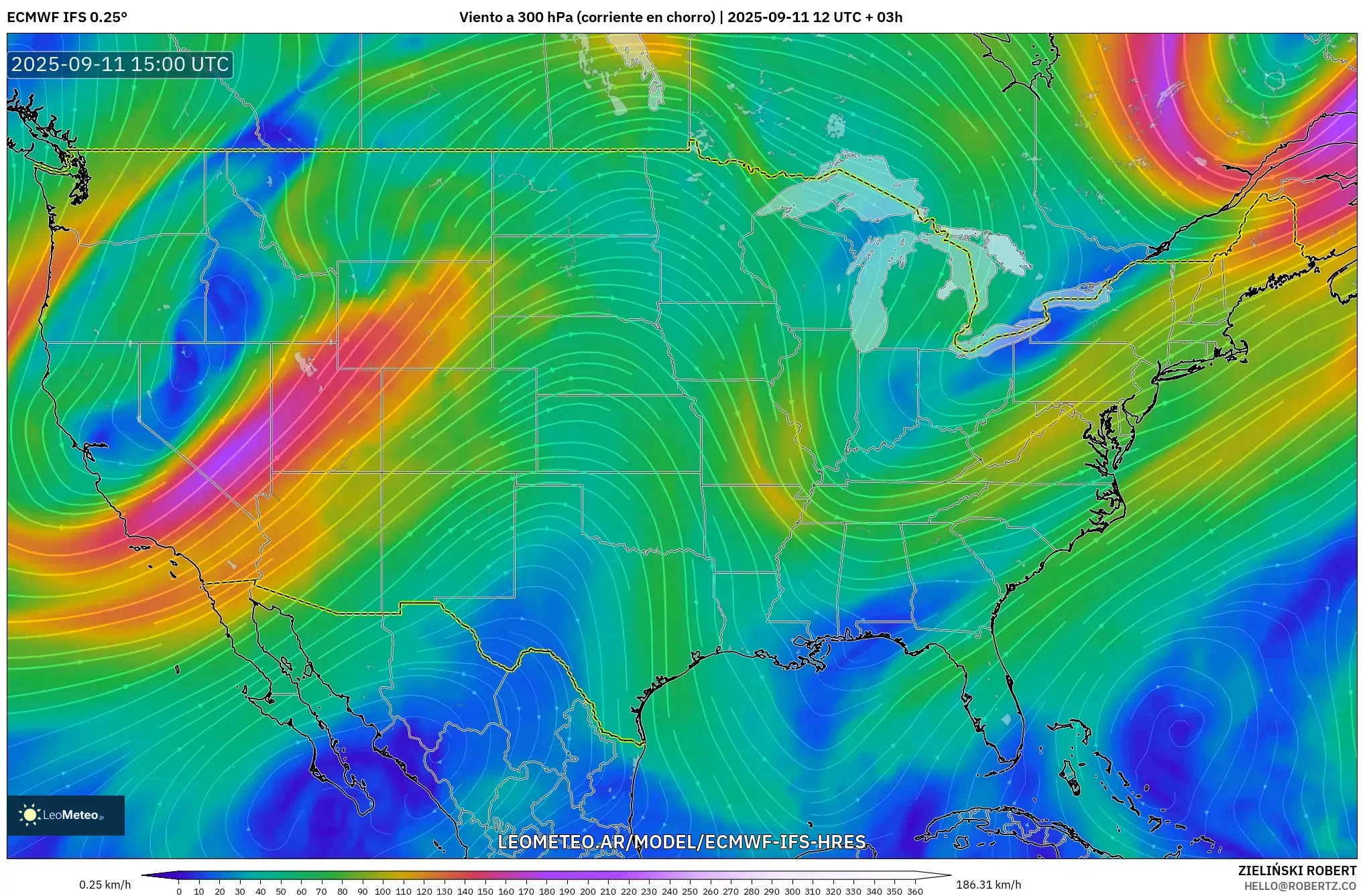 ECMWF IFS 0.25° model - Estados Unidos, Viento a 300 hPa (corriente en chorro)