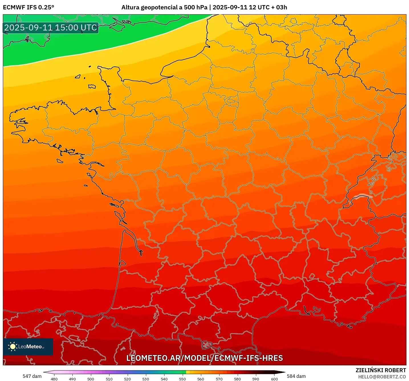 ECMWF IFS 0.25° model - Francia, Altura geopotencial a 500 hPa