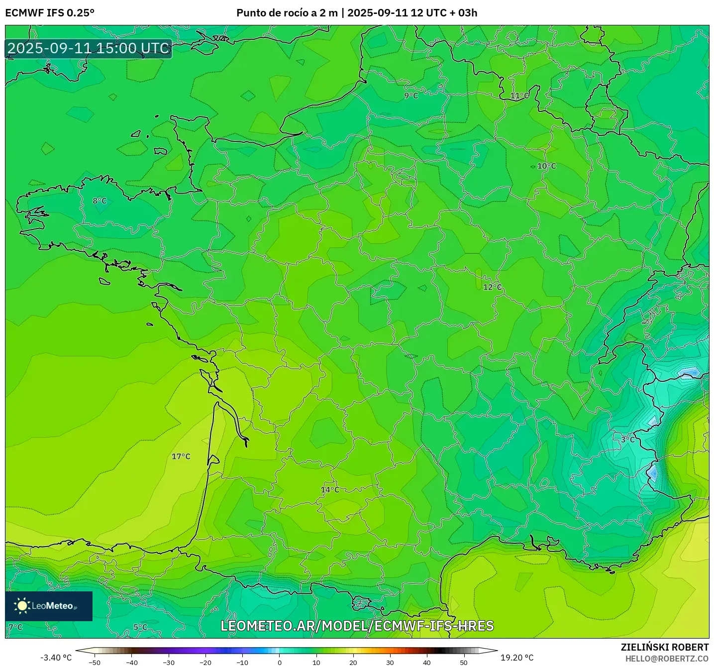 ECMWF IFS 0.25° model - Francia, Punto de rocío a 2 m