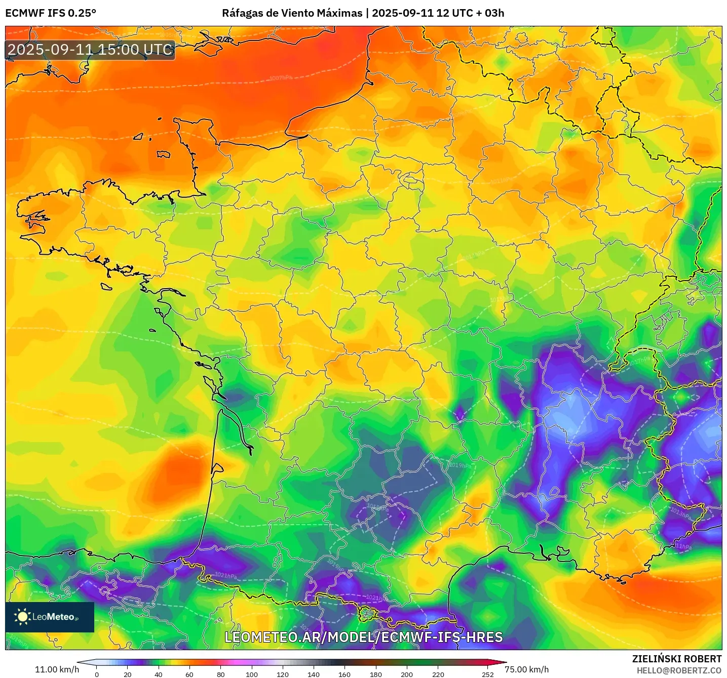 ECMWF IFS 0.25° model - Francia, Ráfagas de Viento Máximas ECMWF IFS 0.25° model - Francia, Ráfagas de Viento Máximas