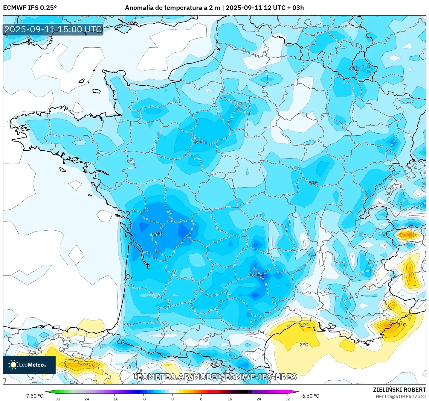 ECMWF IFS 0.25° model - Francia, Anomalía de temperatura a 2 m ECMWF IFS 0.25° model - Francia, Anomalía de temperatura a 2 m