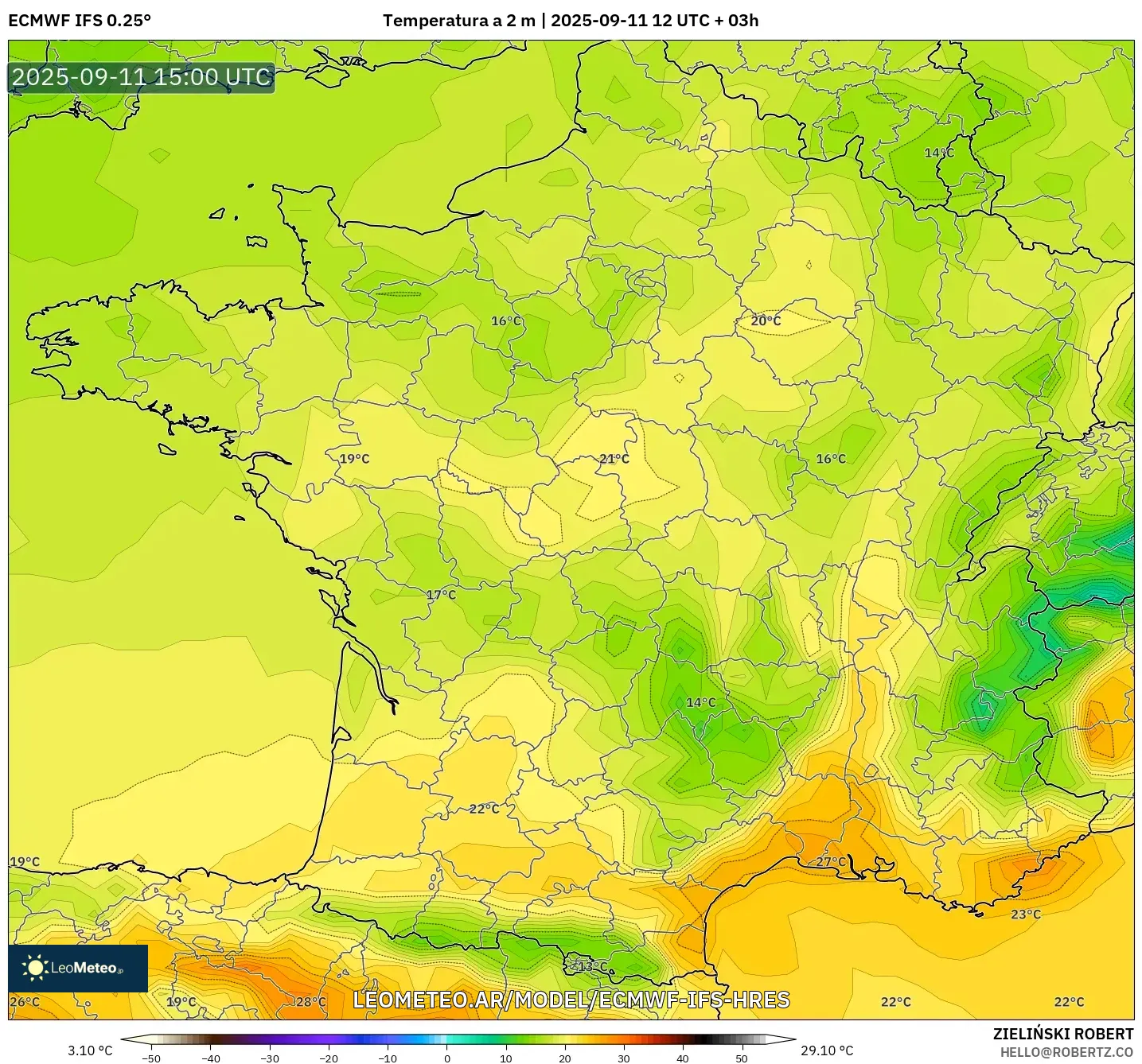 ECMWF IFS 0.25° model - Francia, Temperatura a 2 m ECMWF IFS 0.25° model - Francia, Temperatura a 2 m