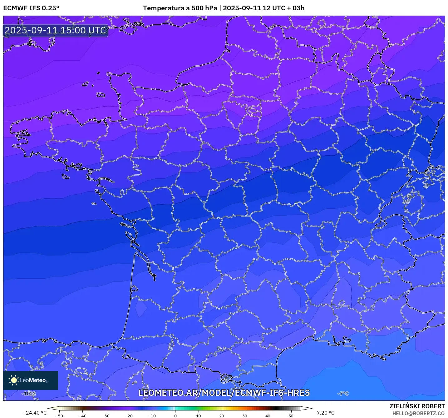ECMWF IFS 0.25° model - Francia, Temperatura a 500 hPa ECMWF IFS 0.25° model - Francia, Temperatura a 500 hPa