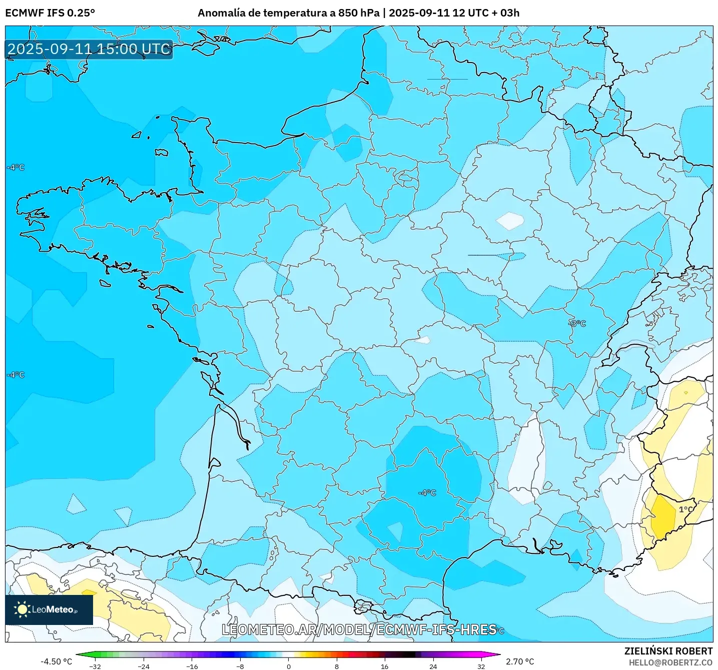 ECMWF IFS 0.25° model - Francia, Anomalía de temperatura a 850 hPa