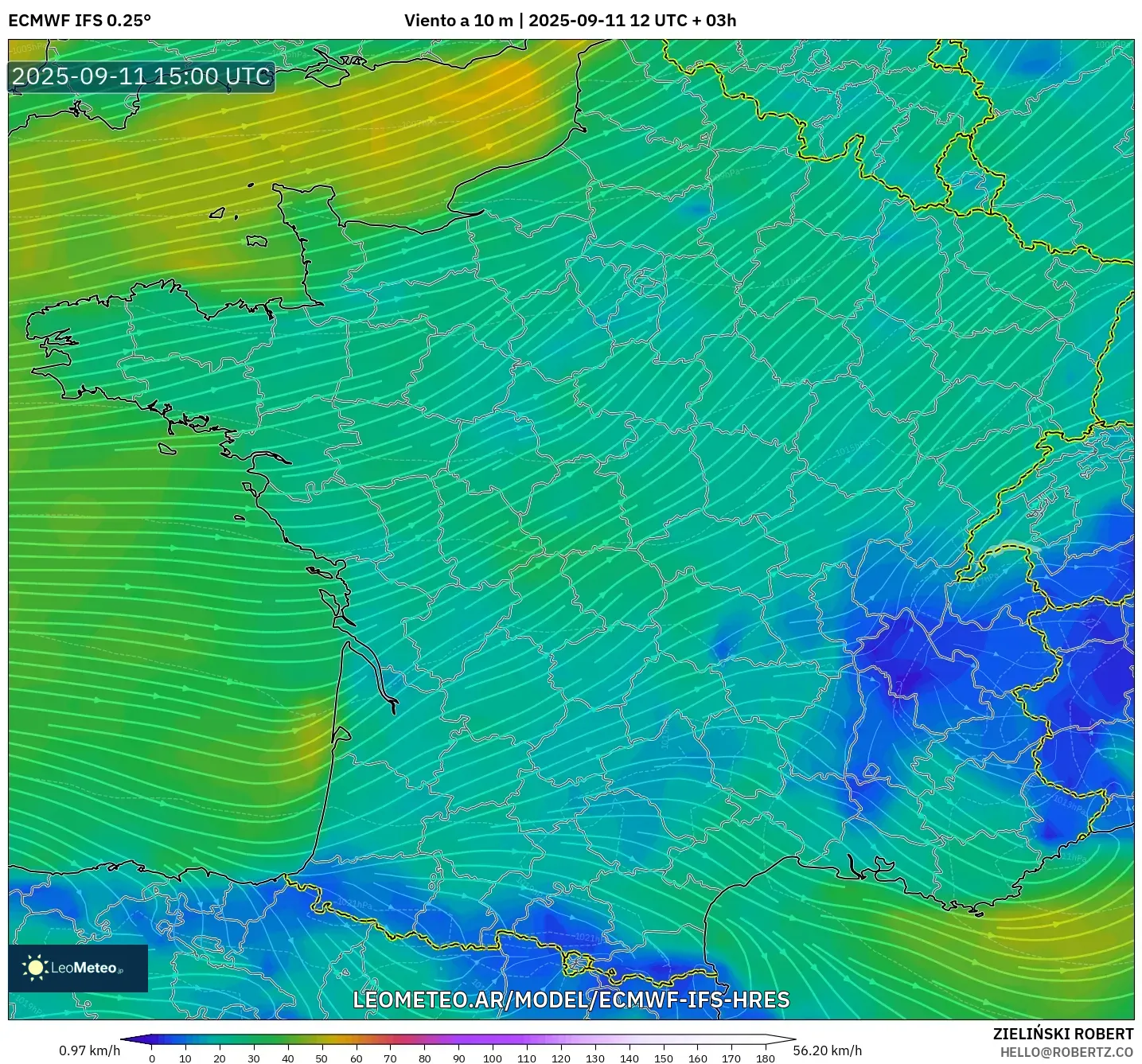 ECMWF IFS 0.25° model - Francia, Viento a 10 m