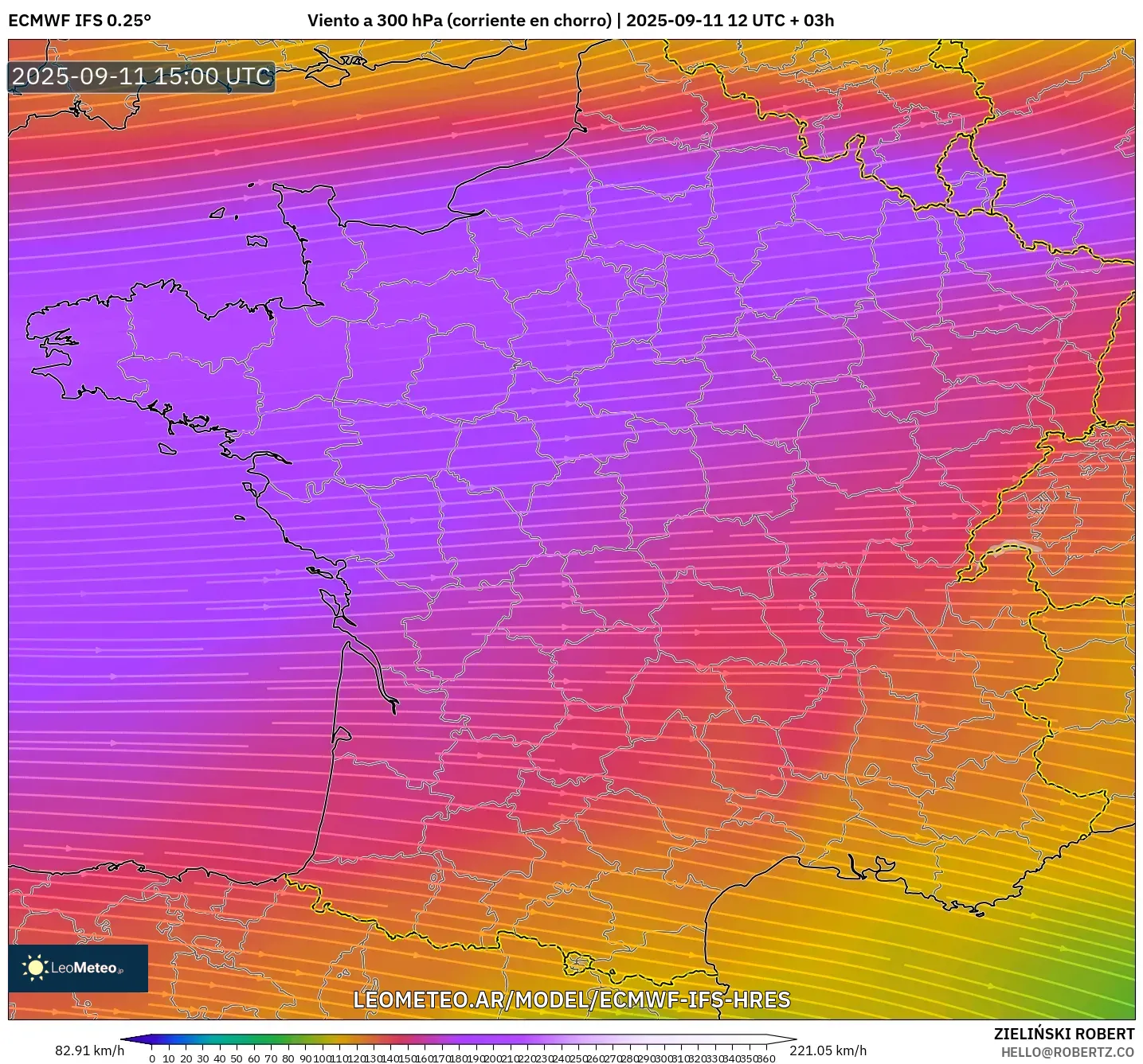 ECMWF IFS 0.25° model - Francia, Viento a 300 hPa (corriente en chorro)