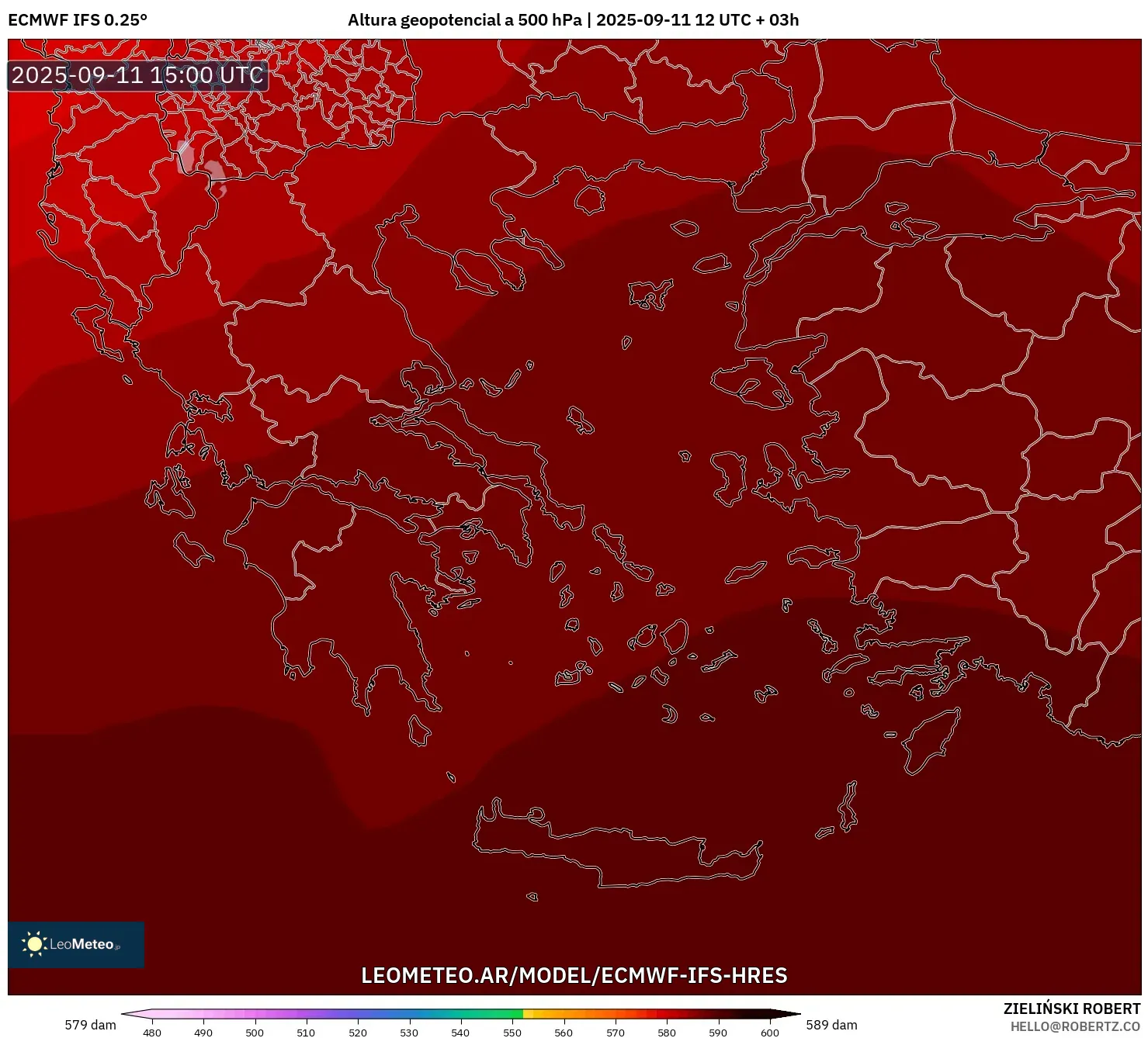 ECMWF IFS 0.25° model - Grecia, Altura geopotencial a 500 hPa