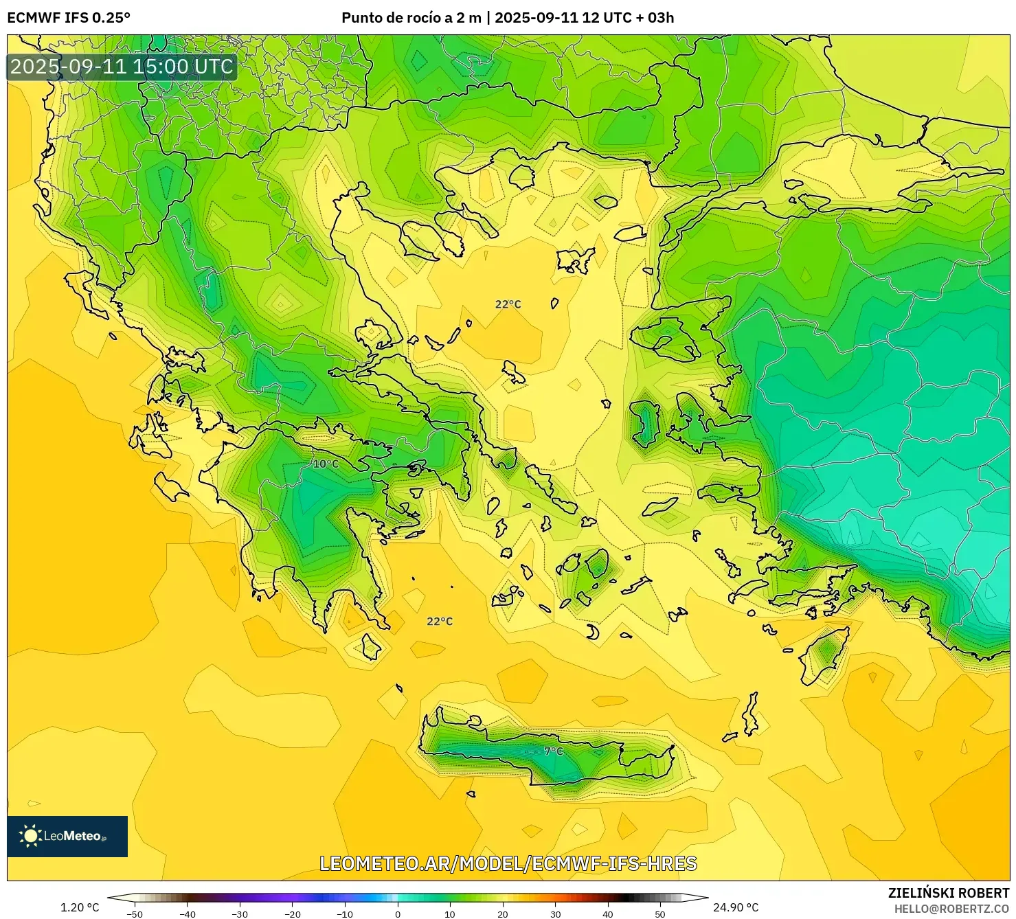 ECMWF IFS 0.25° model - Grecia, Punto de rocío a 2 m ECMWF IFS 0.25° model - Grecia, Punto de rocío a 2 m