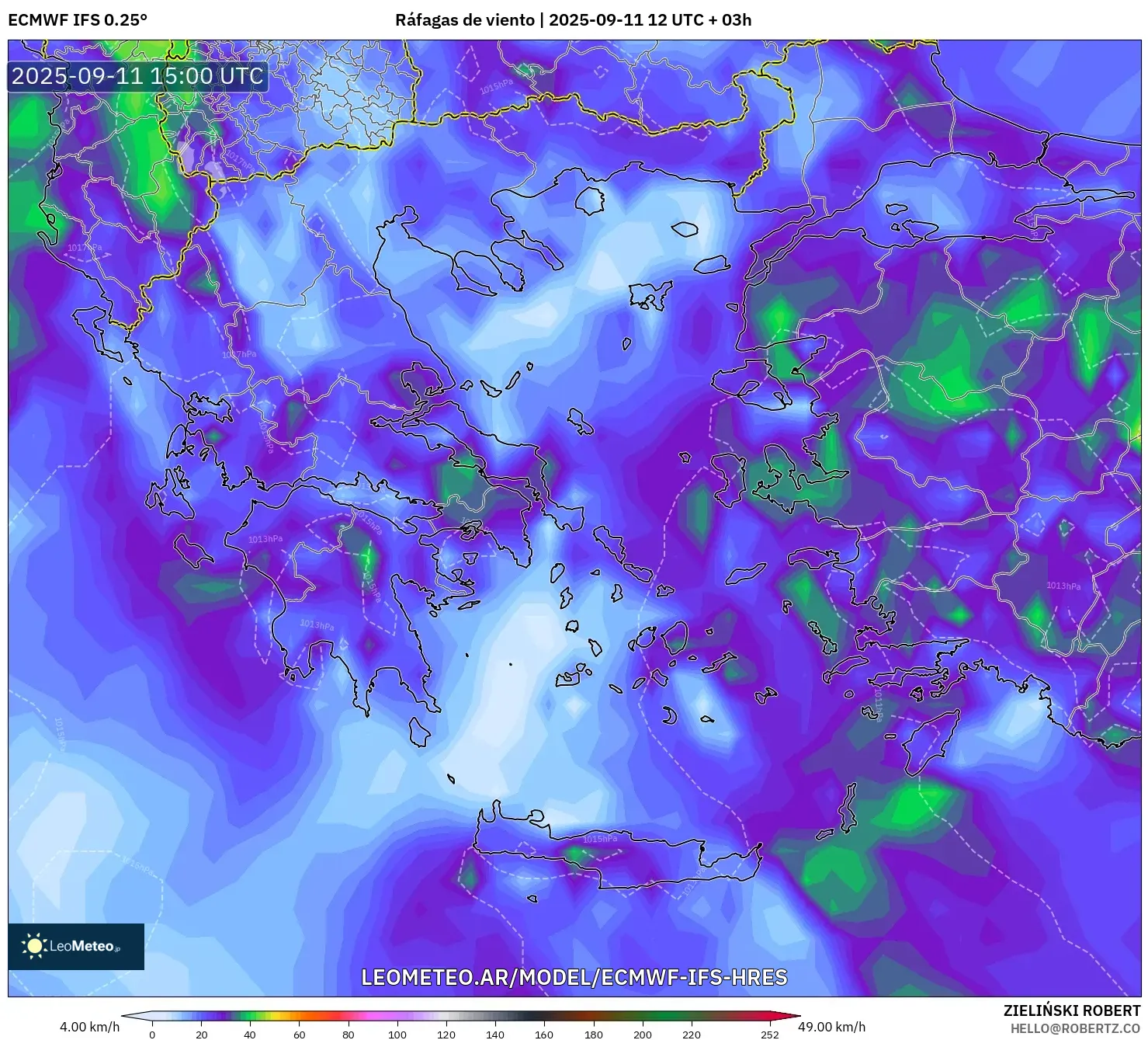 ECMWF IFS 0.25° model - Grecia, Ráfagas de viento ECMWF IFS 0.25° model - Grecia, Ráfagas de viento