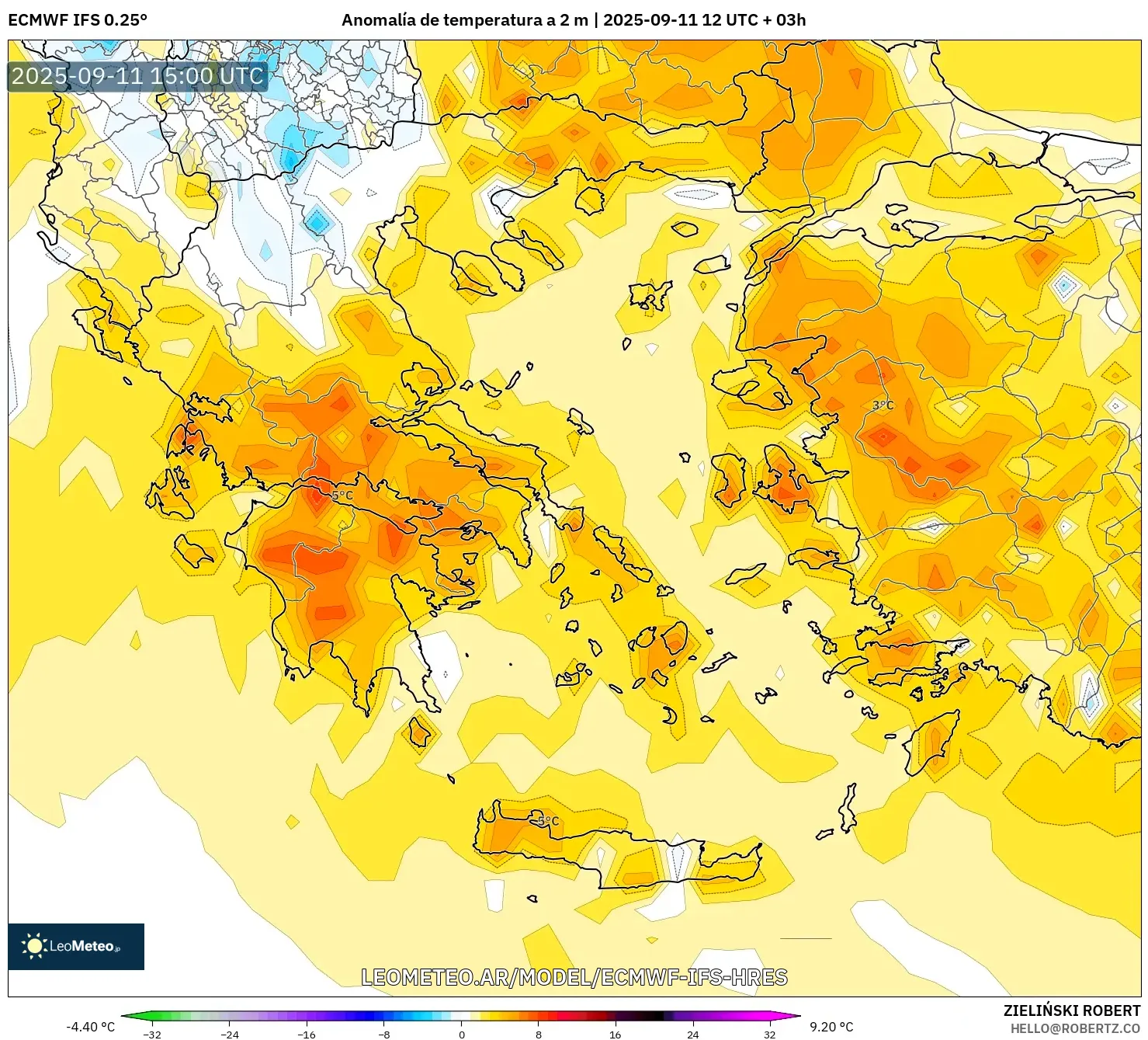 ECMWF IFS 0.25° model - Grecia, Anomalía de temperatura a 2 m ECMWF IFS 0.25° model - Grecia, Anomalía de temperatura a 2 m