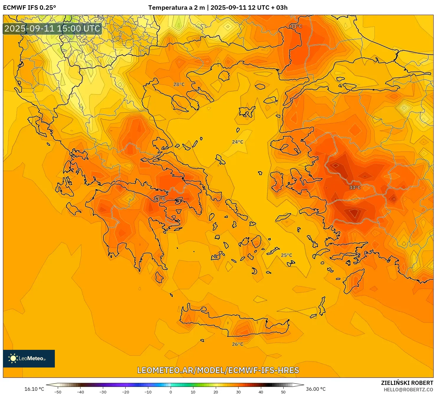 ECMWF IFS 0.25° model - Grecia, Temperatura a 2 m ECMWF IFS 0.25° model - Grecia, Temperatura a 2 m