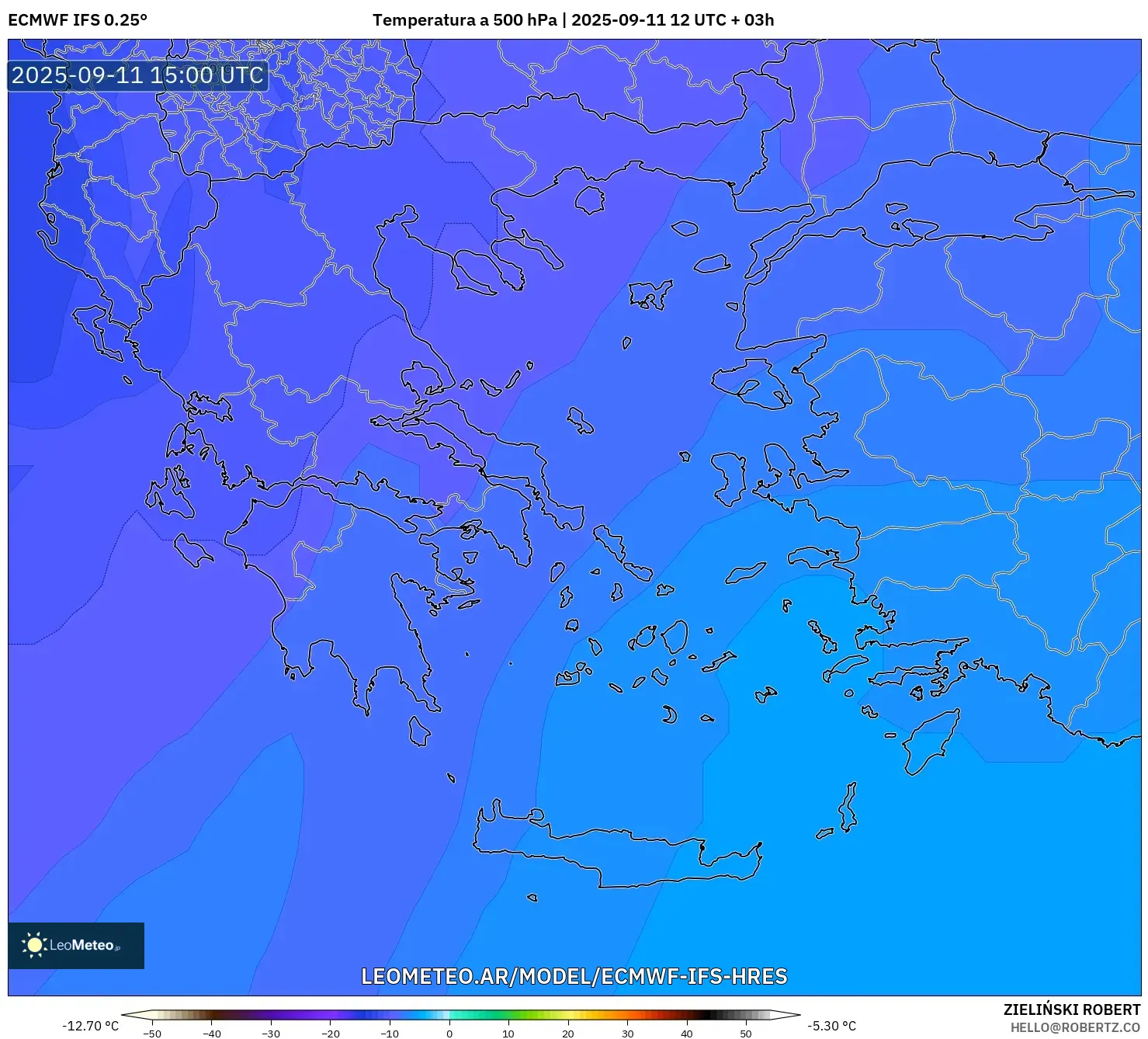 ECMWF IFS 0.25° model - Grecia, Temperatura a 500 hPa