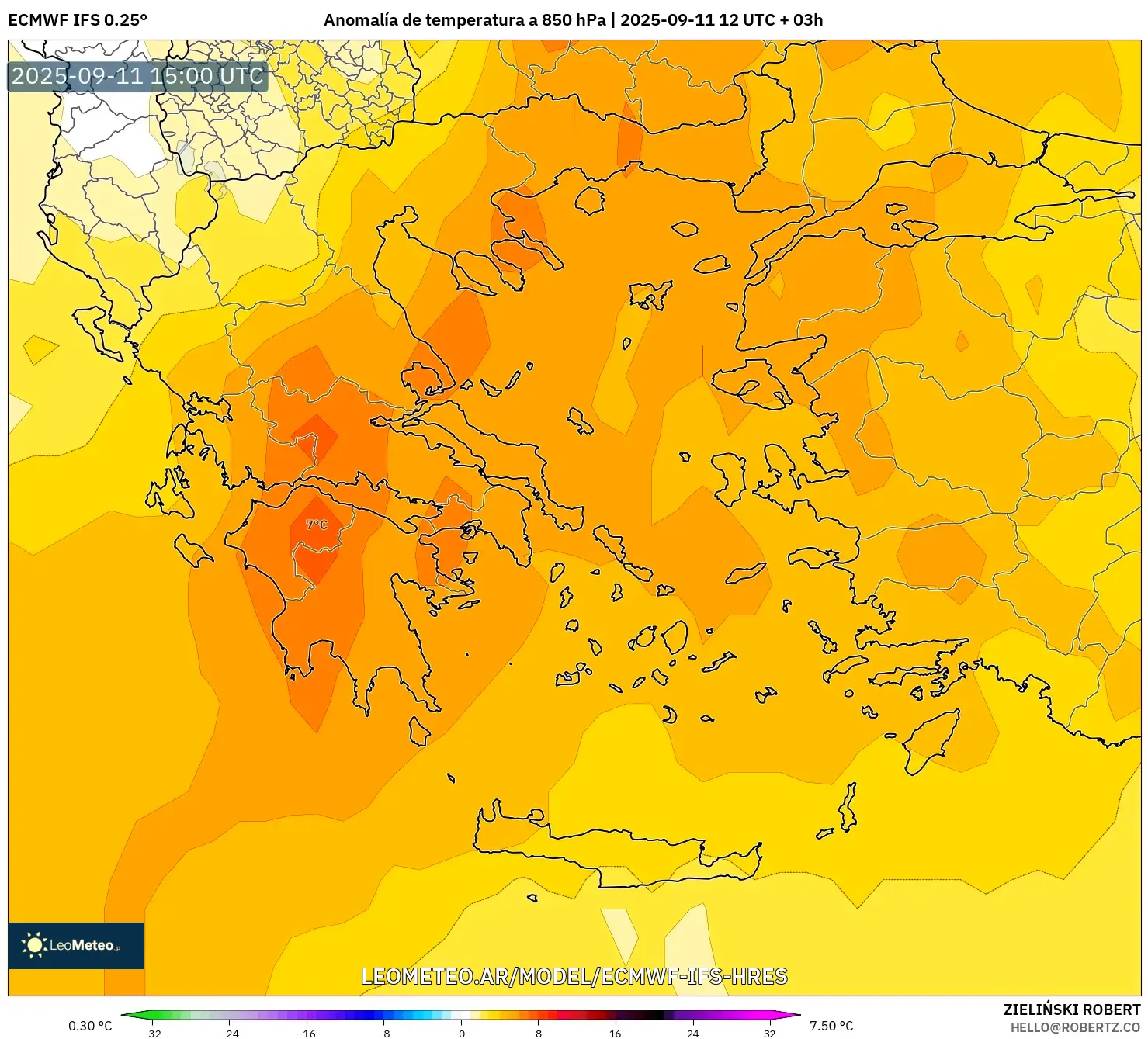 ECMWF IFS 0.25° model - Grecia, Anomalía de temperatura a 850 hPa