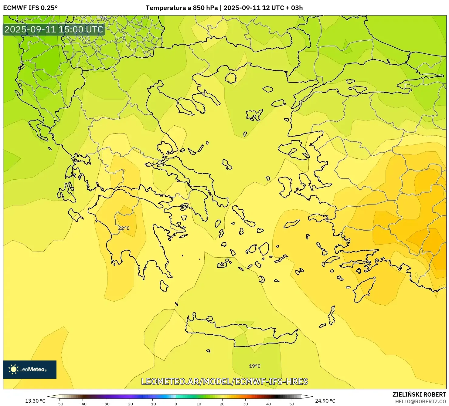 ECMWF IFS 0.25° model - Grecia, Temperatura a 850 hPa