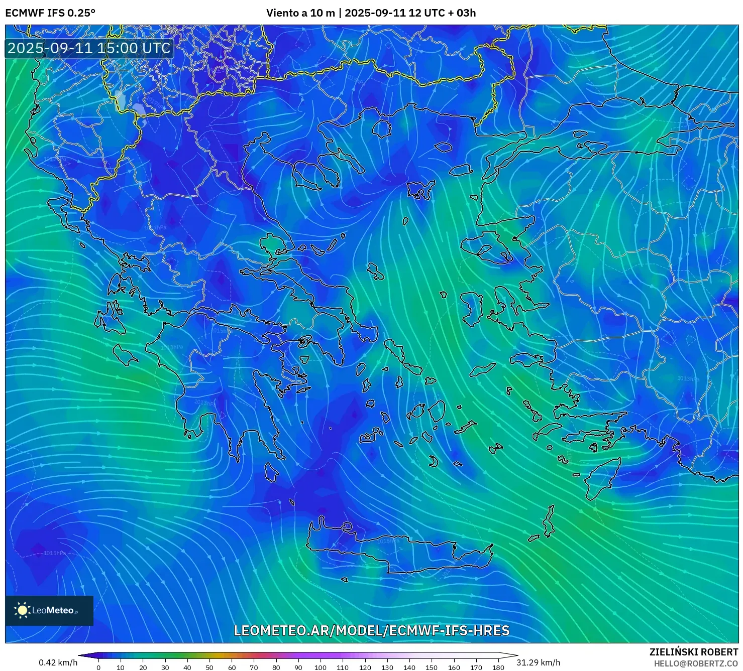 ECMWF IFS 0.25° model - Grecia, Viento a 10 m ECMWF IFS 0.25° model - Grecia, Viento a 10 m